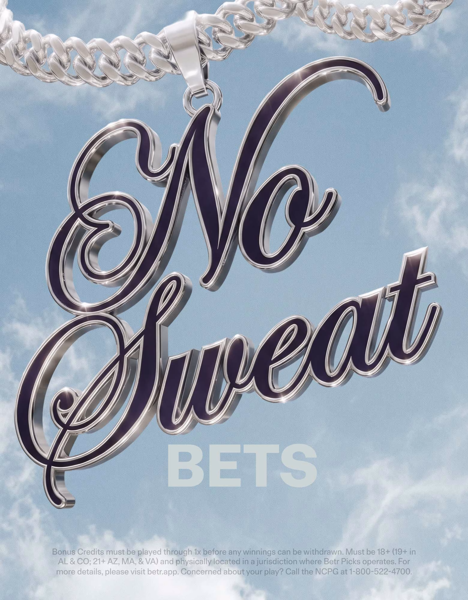 A silver chain features a large, glossy pendant with the phrase "No Sweat" in elegant typography and "BETs" below it.
