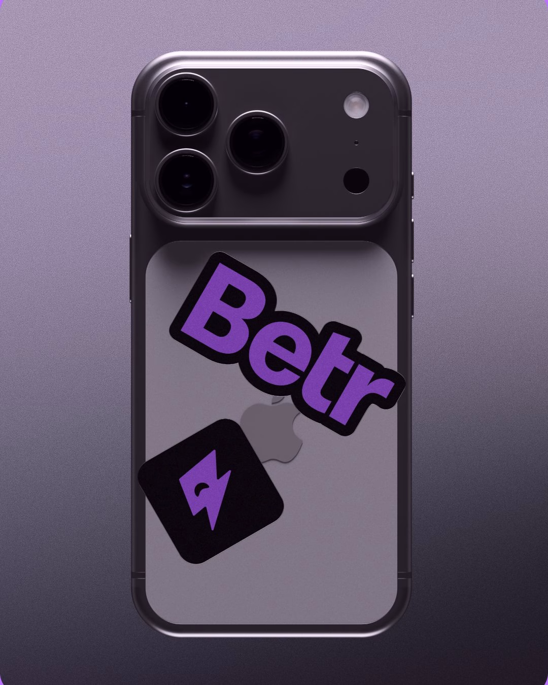 A close-up of a smartphone back featuring large purple stickers with the brand name "Betr" and a lightning logo.