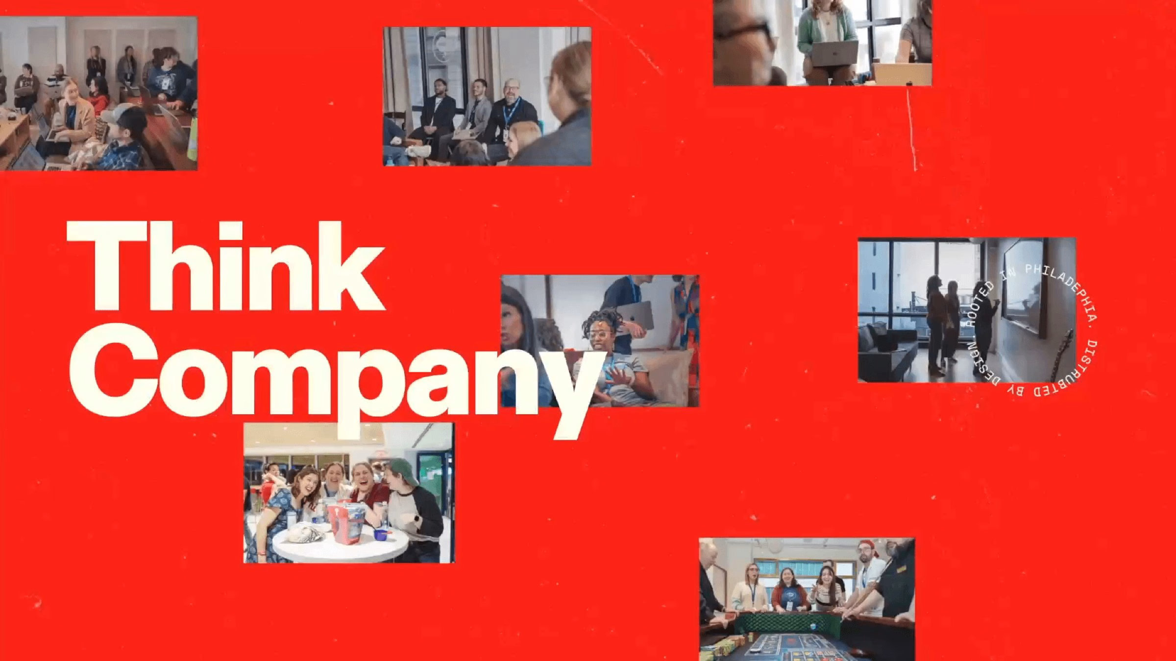 Images of diverse groups collaborating in various settings, over a bold red background featuring the text "Think Company."