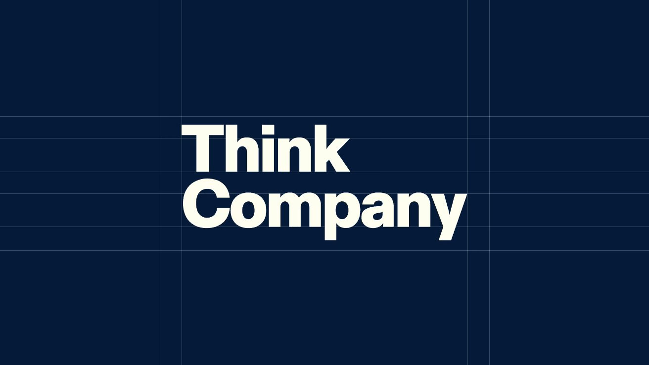 Bold white typography reads "Think Company" against a dark blue background, emphasizing brand identity design.