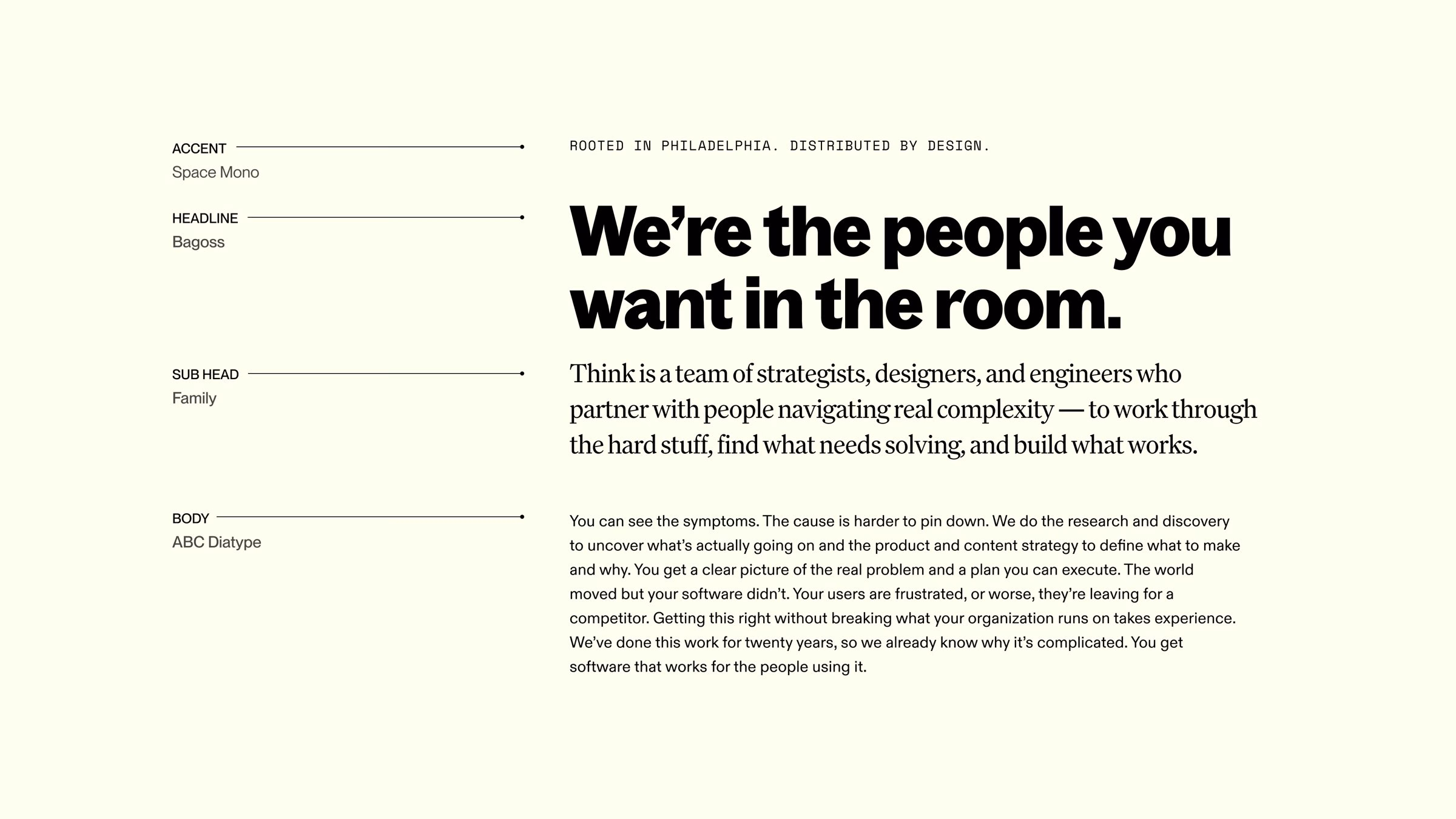 Bold typography on a soft beige background highlights the message, emphasizing Think Company's collaborative approach.