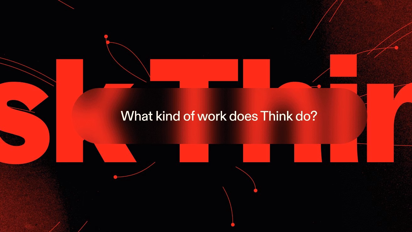 Bold red typography with a question overlay, showcasing Think Company's creative inquiry in design work.