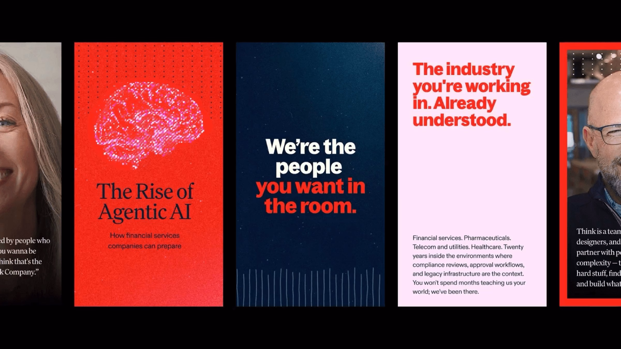 A series of vivid posters featuring bold typography and colors, promoting Think Company’s design philosophy and services.