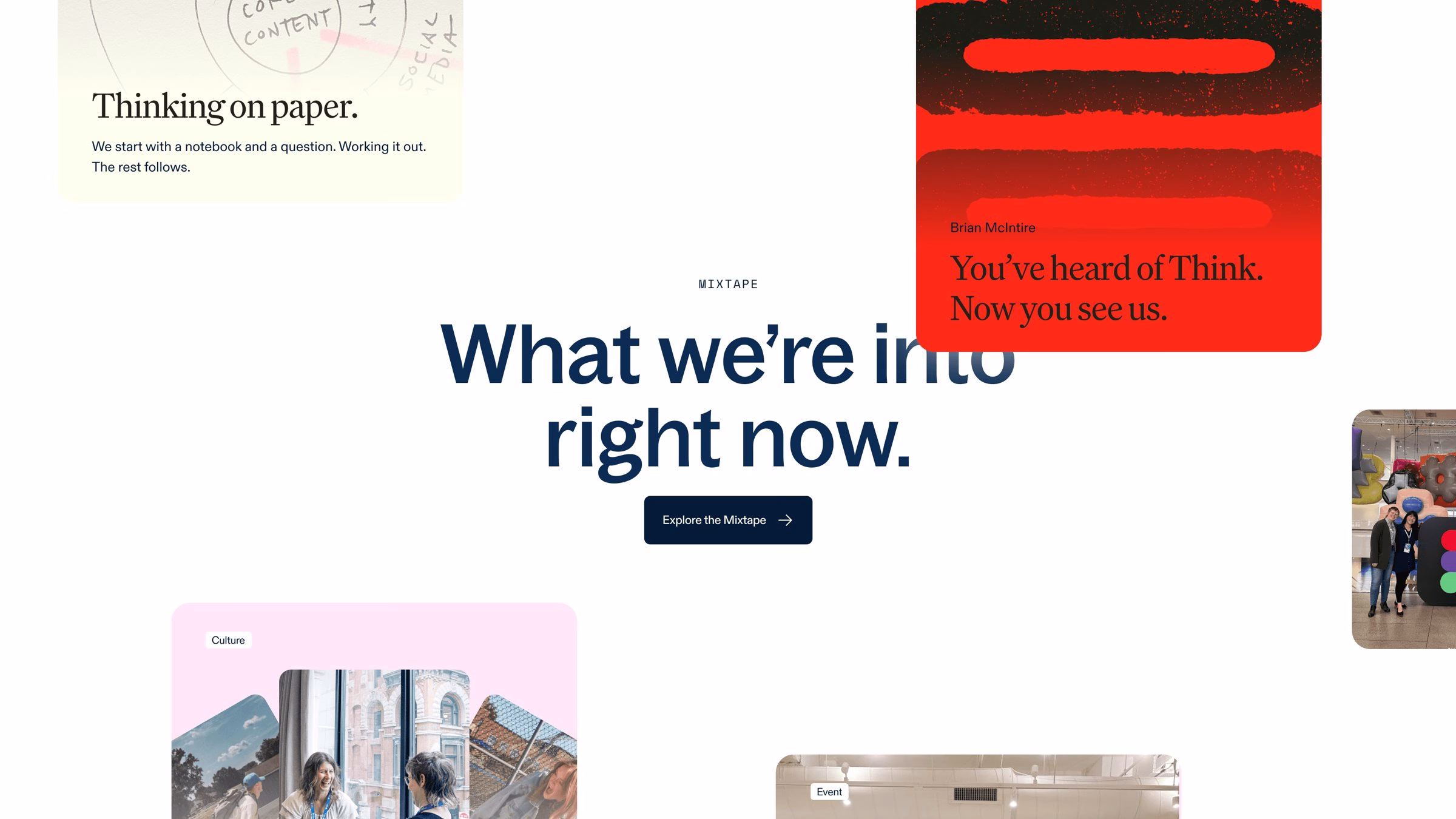 A bold blue typography headline says “What we’re into right now,” surrounded by colorful design elements and images.