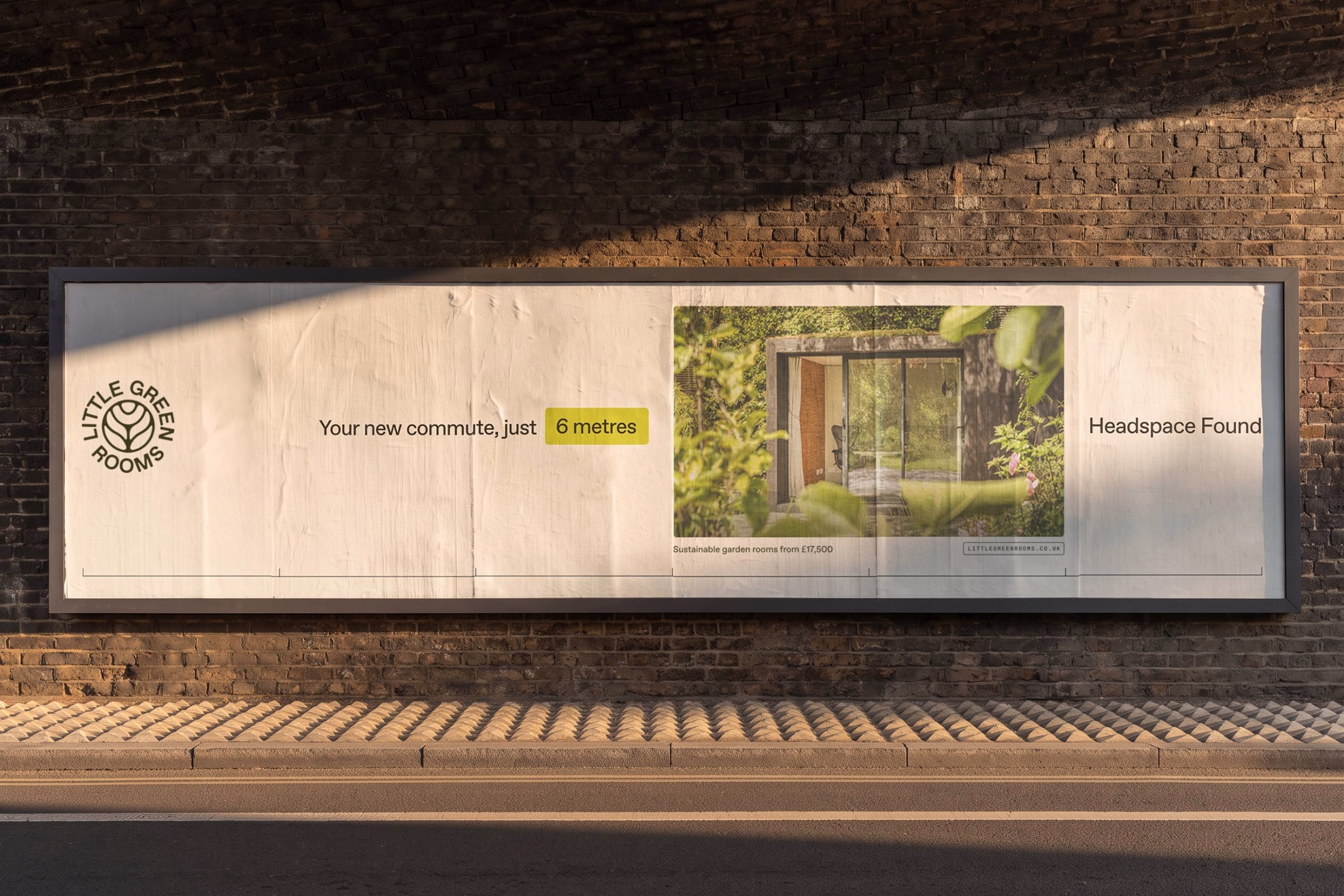 A large outdoor advertisement for Little Green Rooms features a garden room, with a prominent yellow “6 metres” text.