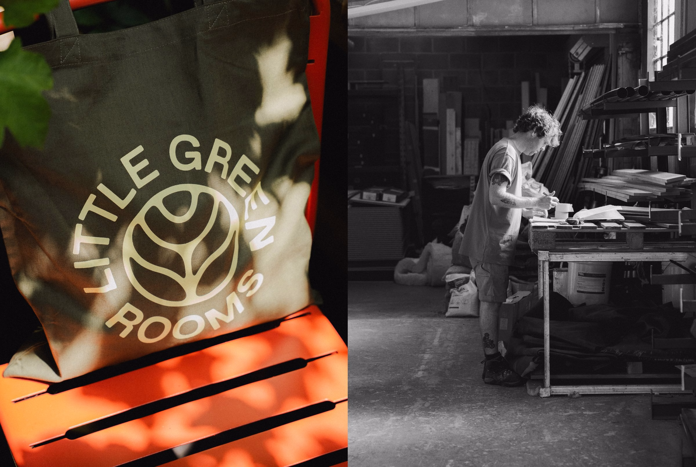 A green tote bag featuring "Little Green Rooms" logo placed on a bright orange surface, with a craftsman working in a workshop.