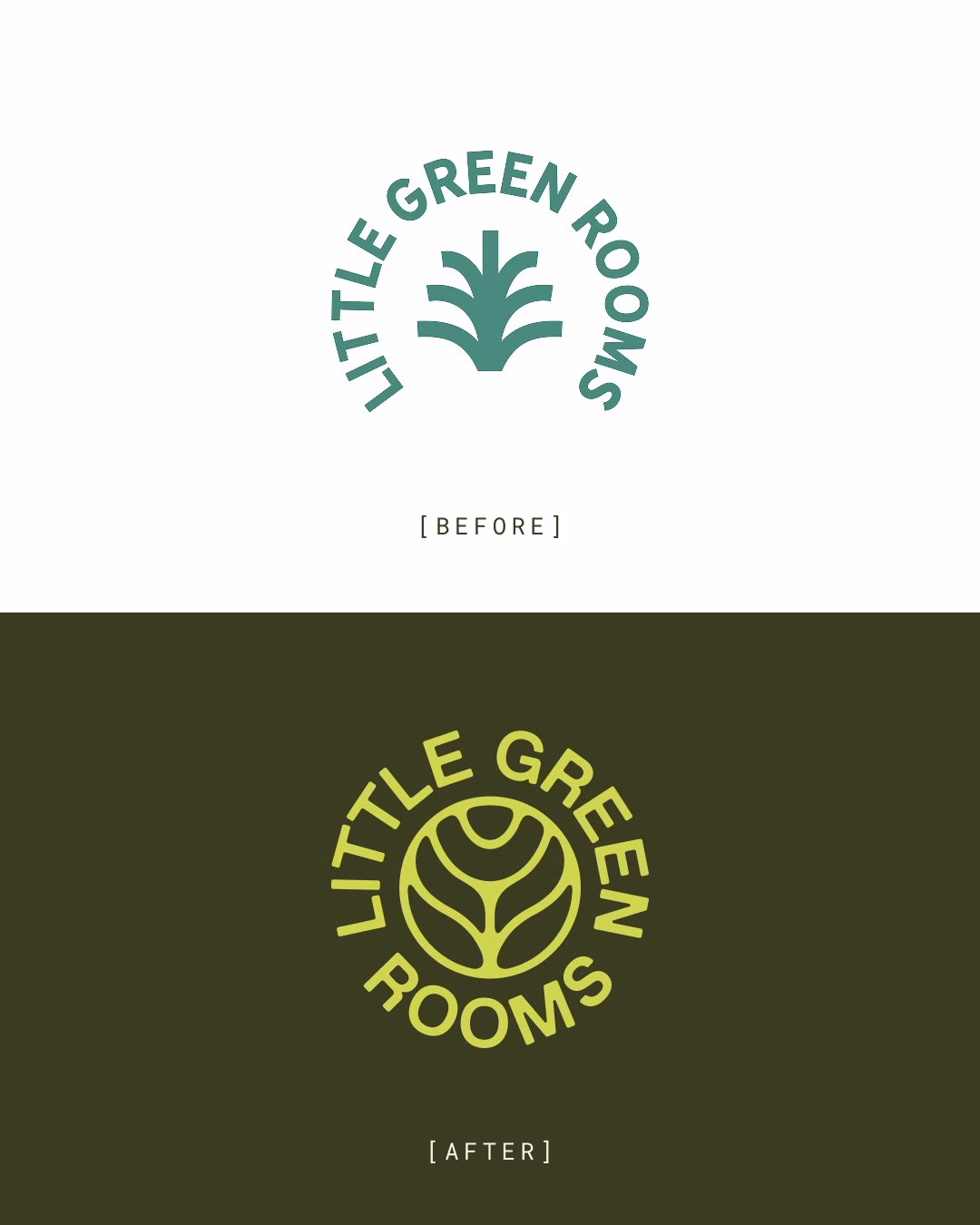 Before and after logos for Little Green Rooms showcasing green and earthy tones with distinct organic shapes.