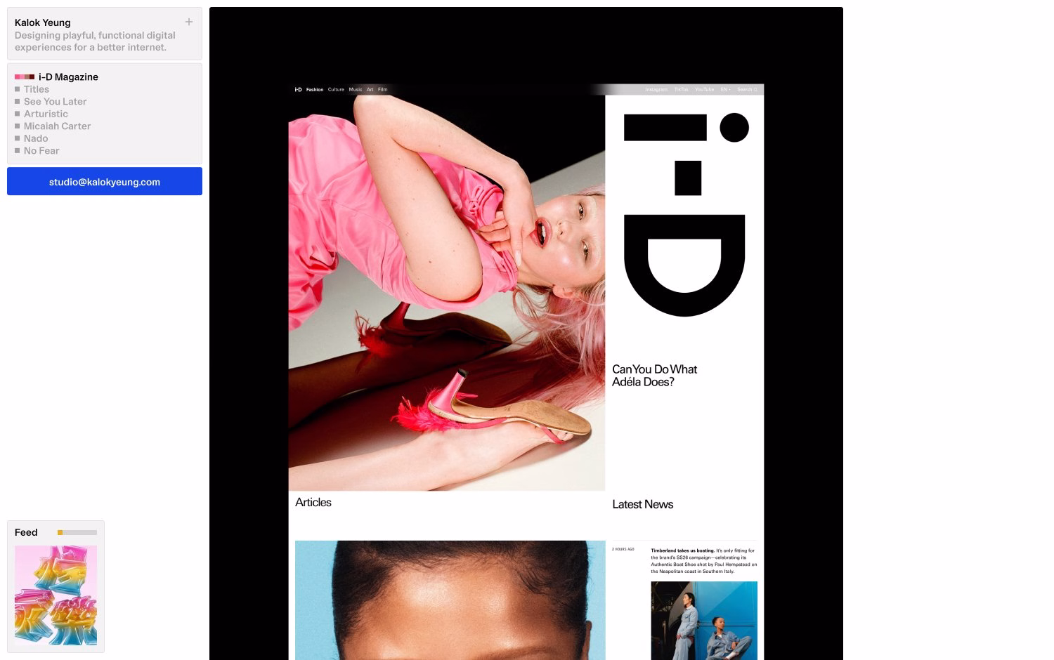 Kalok Yeung portfolio website homepage showing the i-D Magazine project beside a minimal project list