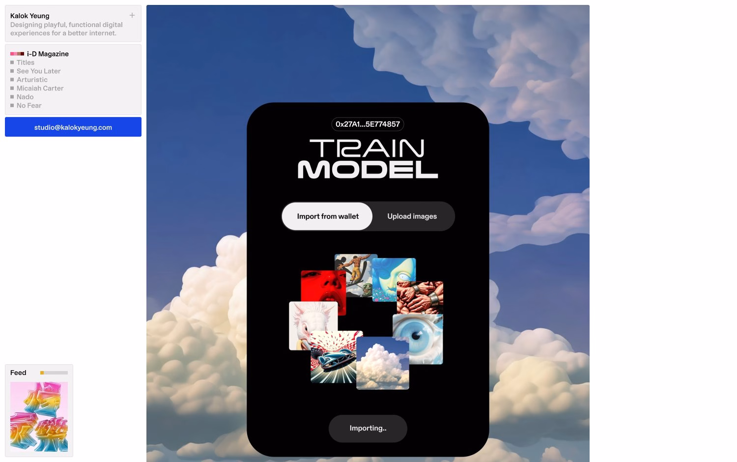 Kalok Yeung portfolio showing a Train Model app interface over a cloud sky