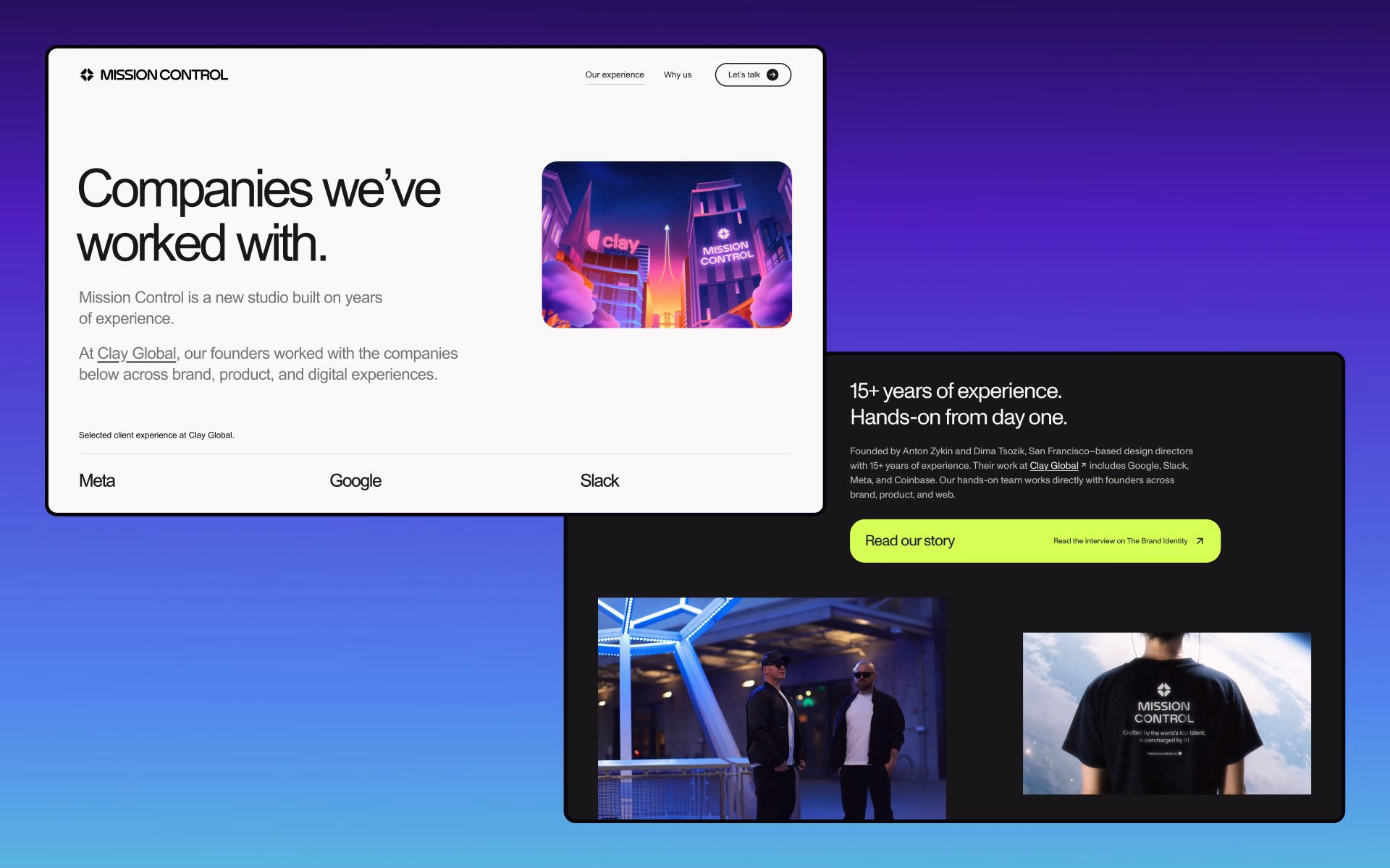 Web design layout featuring gradient backgrounds and bold typography showcasing Mission Control branding and experience.