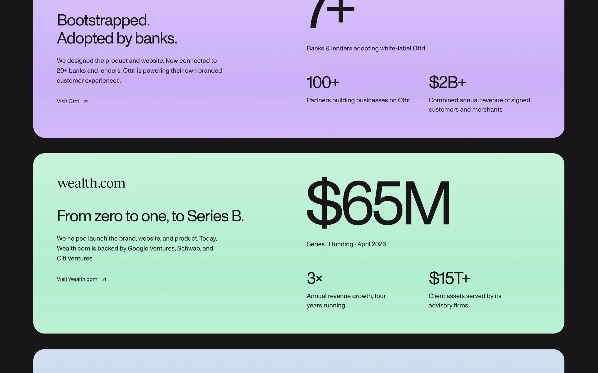 Two sections of modern web design featuring large typography in contrasting gradient backgrounds of purple and mint green.