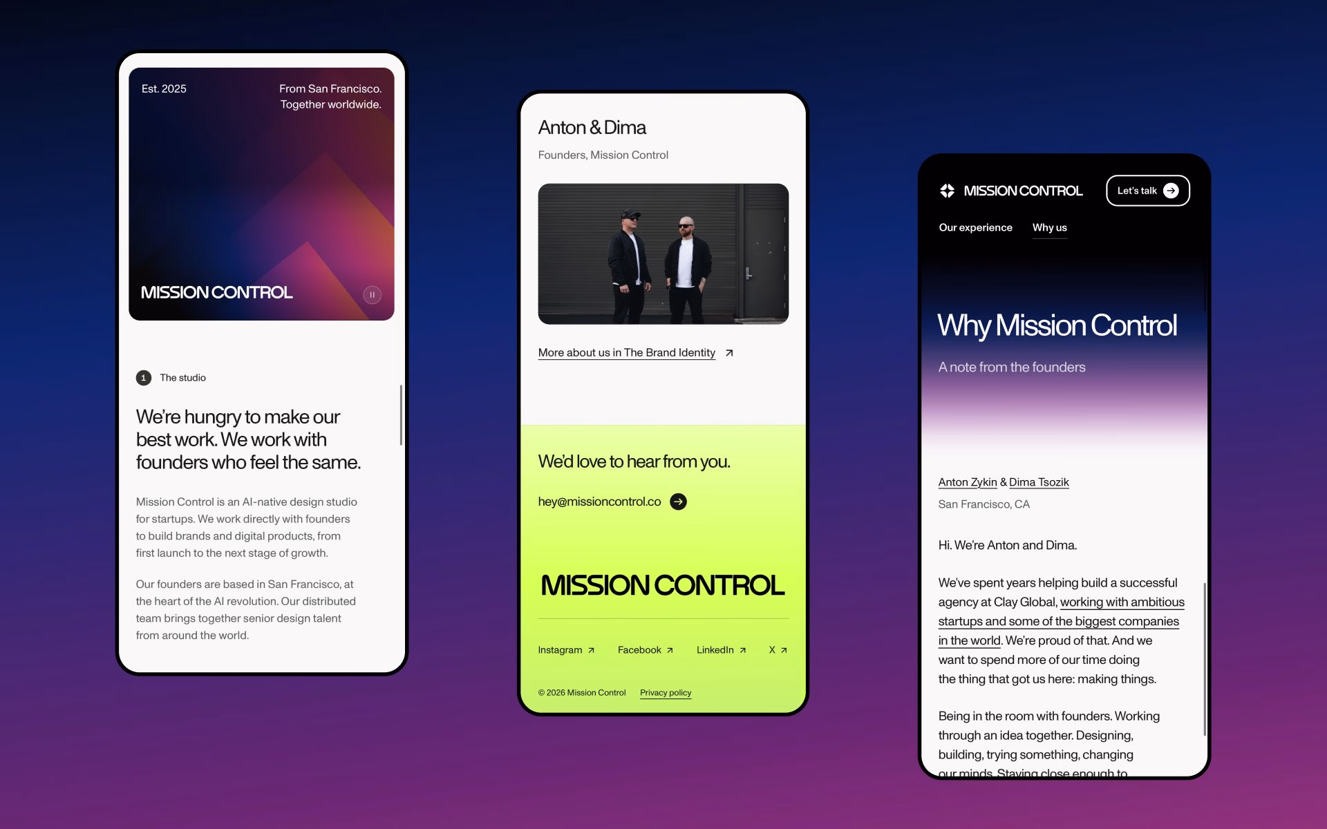 Three mobile screen displays showcasing the brand identity and web design of Mission Control with vibrant gradient backgrounds.