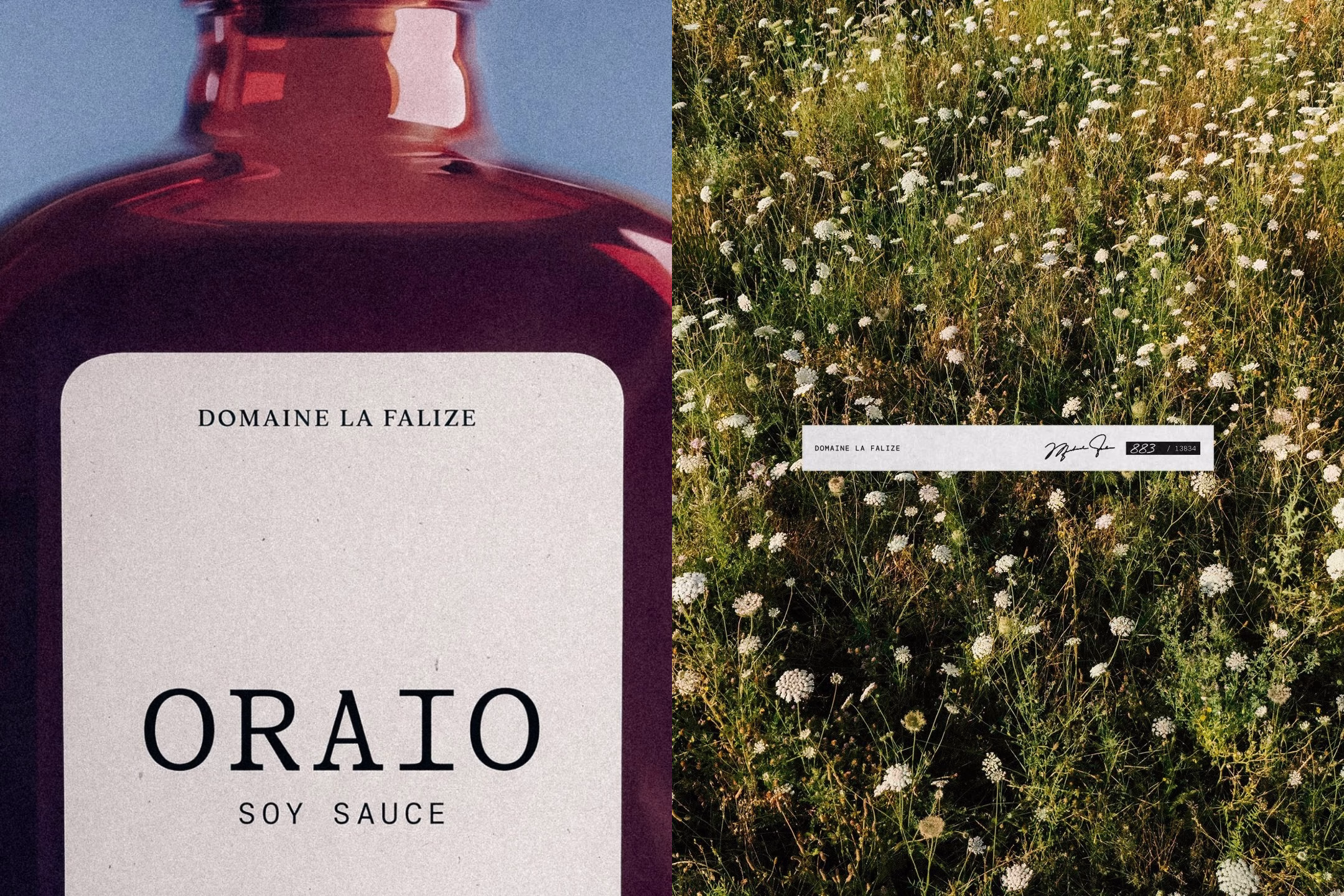 Oraio's soy sauce packaging features elegant typography with a rich amber bottle contrasting a floral background.