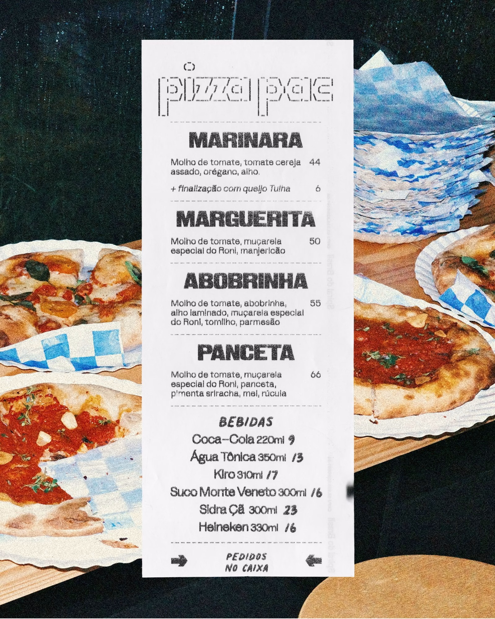 A stylized receipt menu features bold typography alongside pizza slices on a wooden table with blue checkered papers.