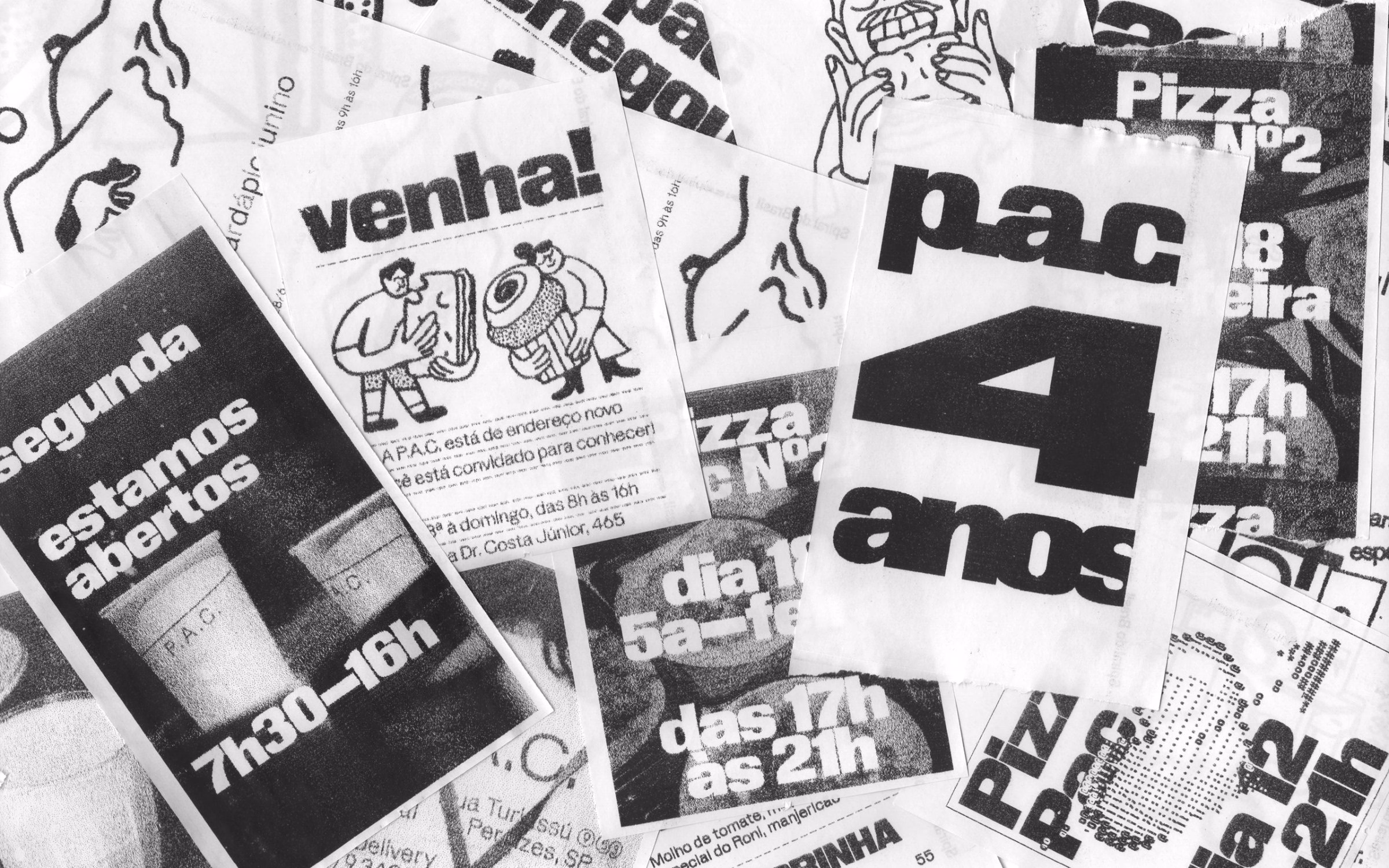 Black and white thermal-printed P.A.C. flyers and weekend menus collage