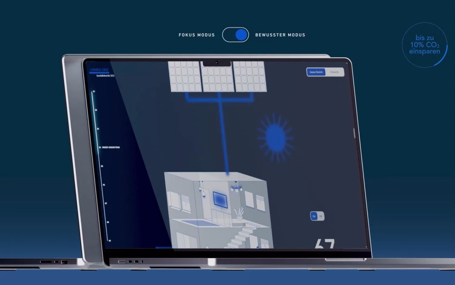 Energie Graz 2025 annual report website on a laptop with focus and conscious mode toggle and solar house illustration