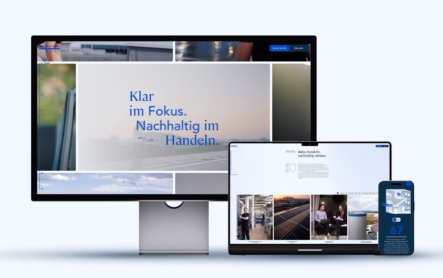 Energie Graz annual report website shown on desktop, laptop and phone with the Klar im Fokus headline
