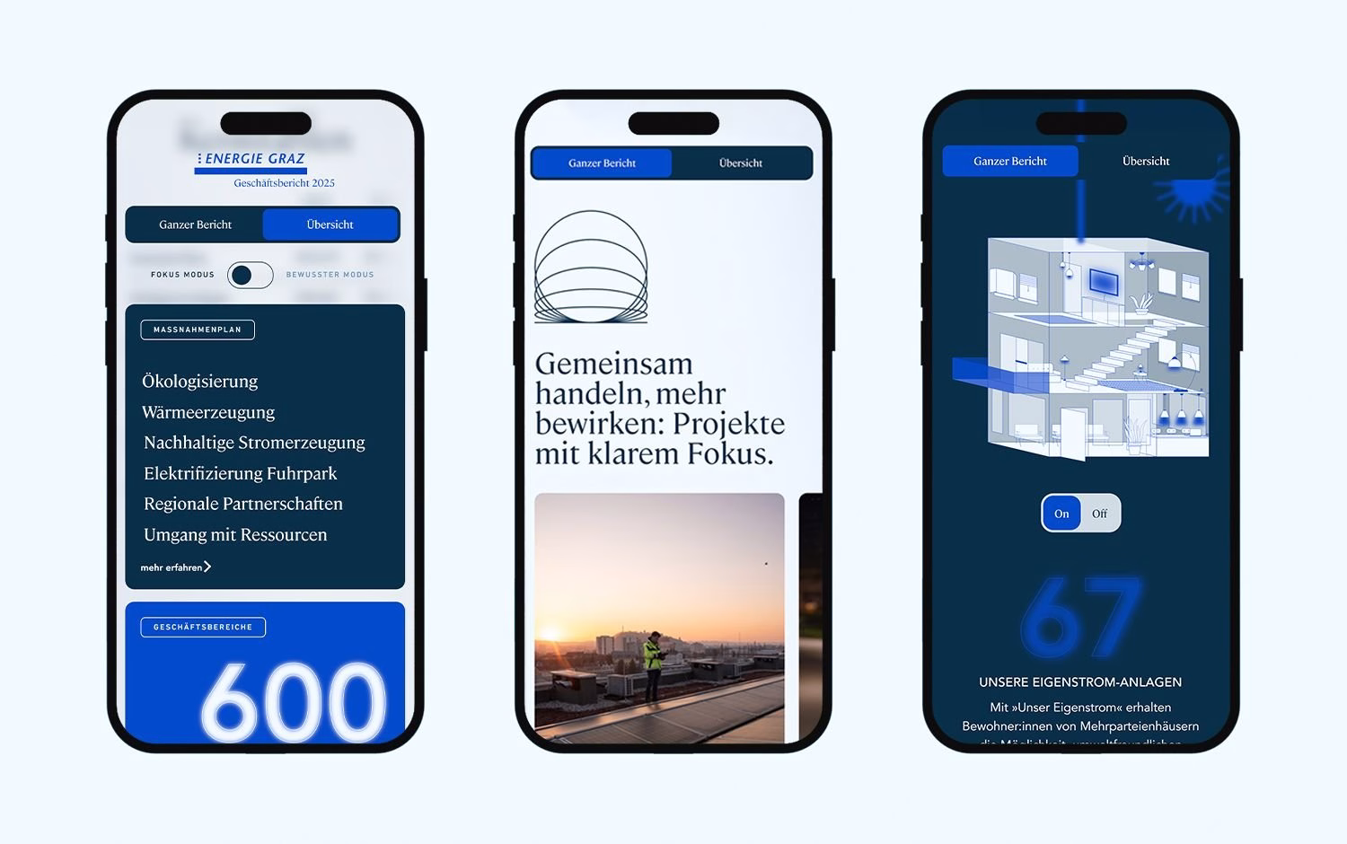 Three phones showing the mobile Energie Graz annual report with measures plan, projects and solar figures