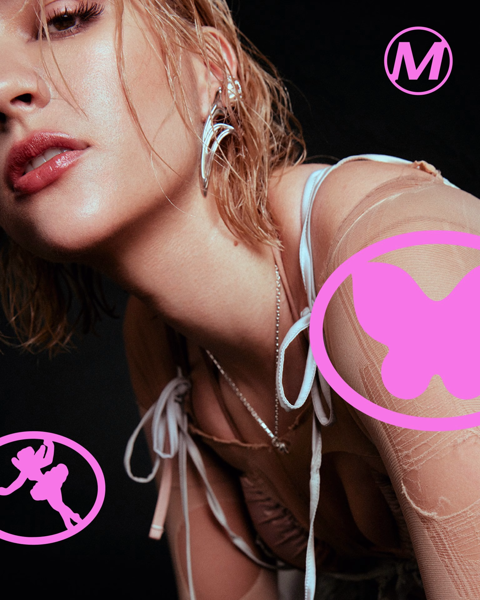 A close-up of a model with wet hair, wearing bold silver earrings, overlaid with pink design elements representing Milkshake.