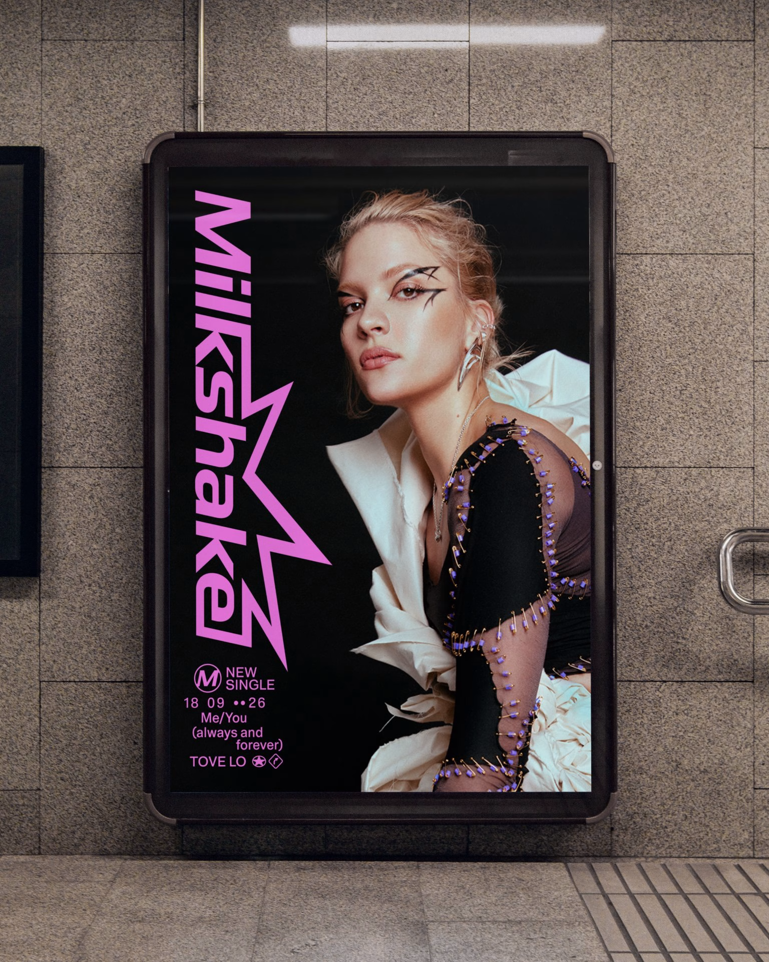A striking advertisement for Milkshake featuring a model in a black outfit with vibrant pink typography.