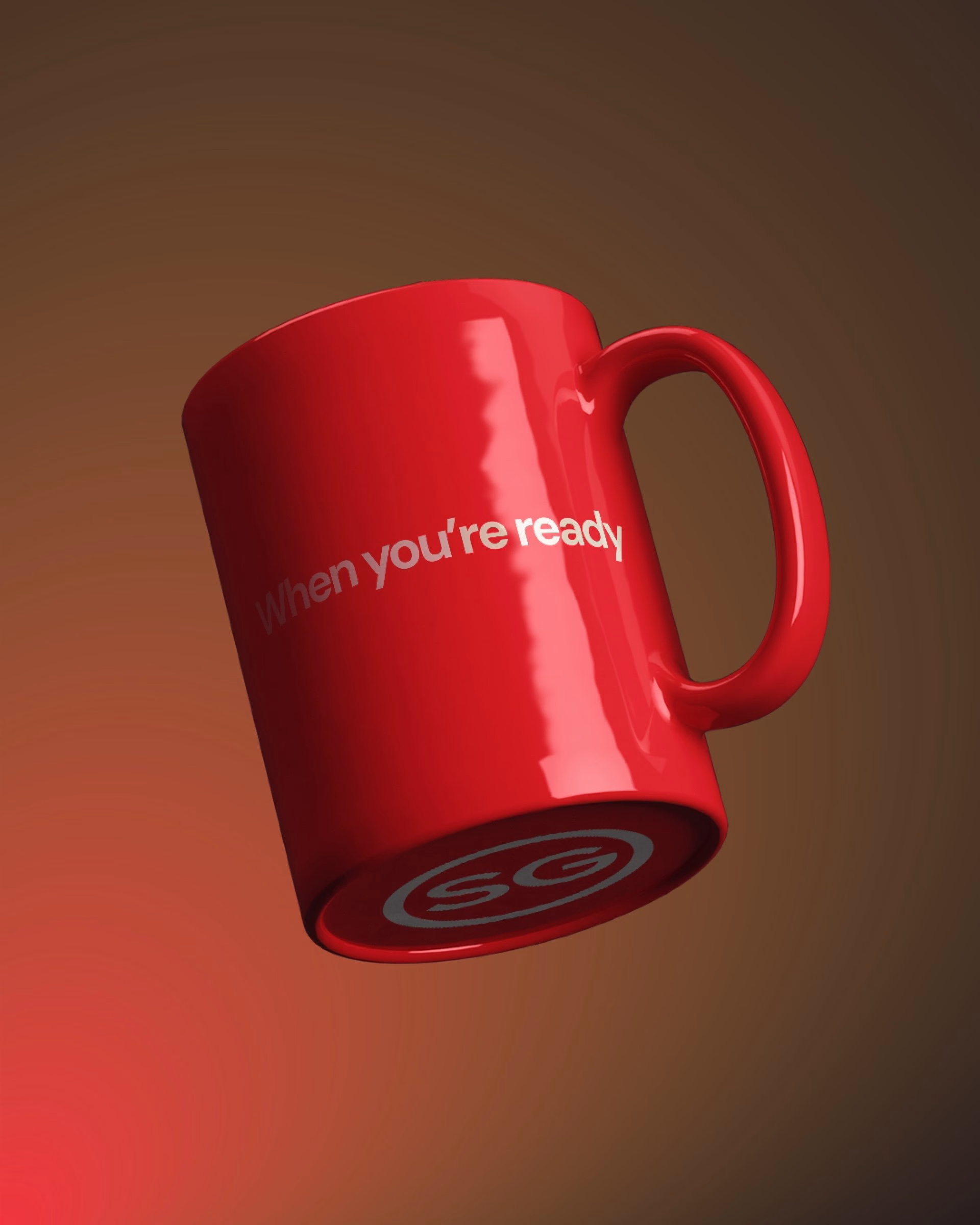 A glossy red mug displays the phrase "When you're ready" and features a circular SG logo on the bottom.