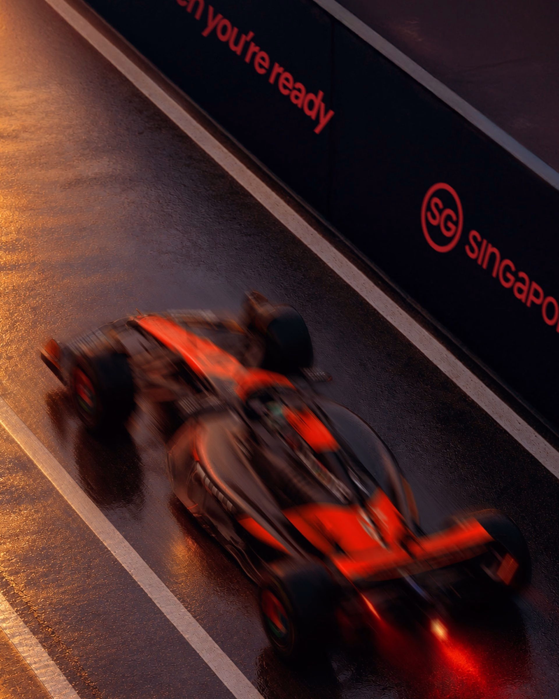 A blurred orange and black racing car speeds along a wet track with a "Singapore" sign in the background.