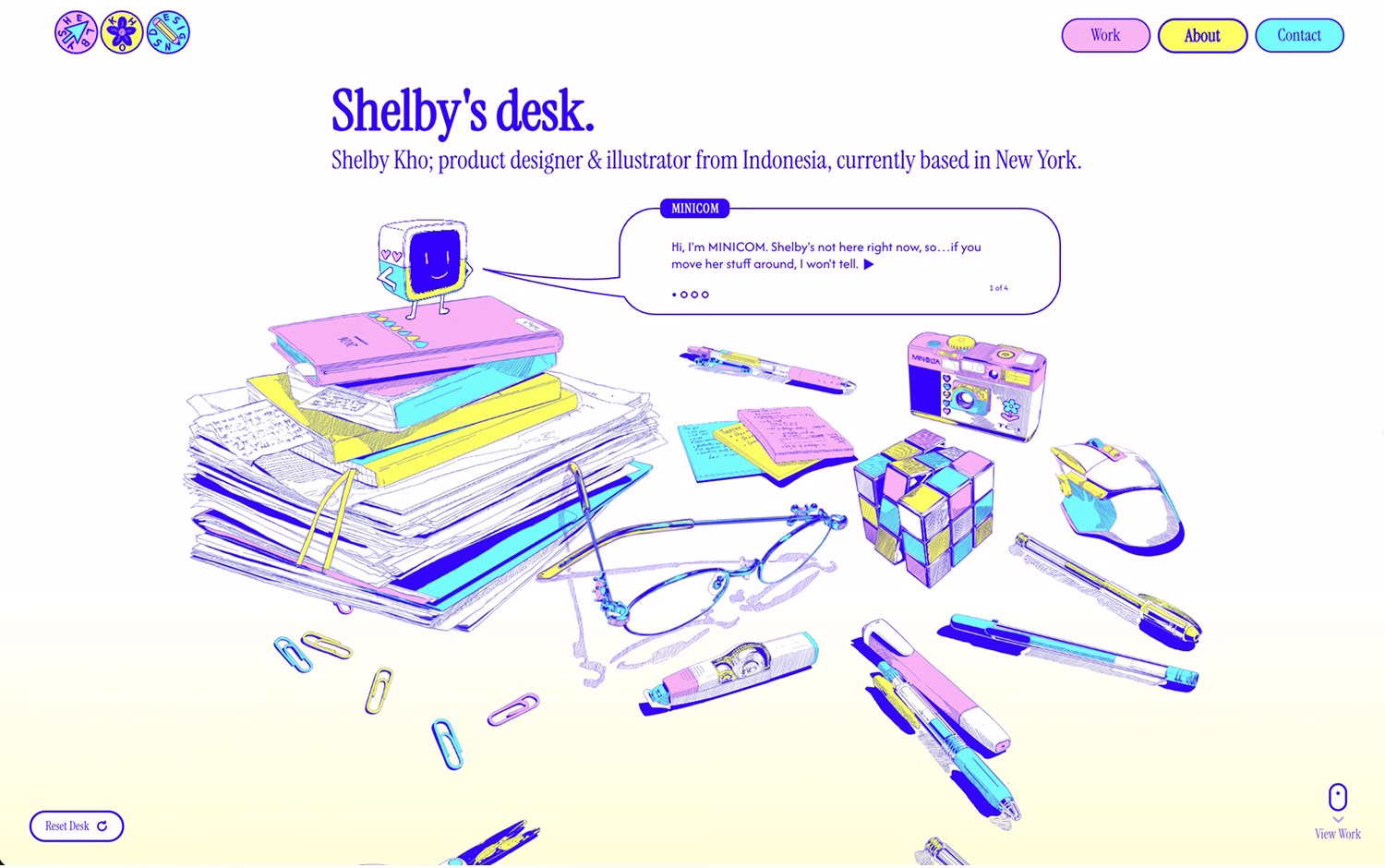 A colorful, hand-drawn illustration of a messy desk with notebooks, pens, a camera, and glasses, reflecting Shelby Kho's style.