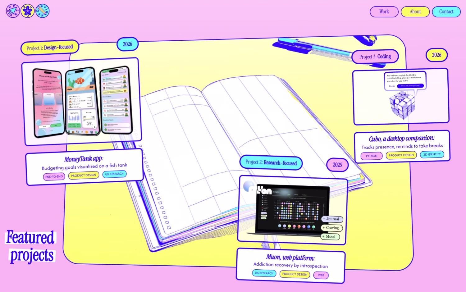 Colorful digital portfolio layout showcasing Shelby's desk, featuring illustrated project previews and bright pastel backgrounds.