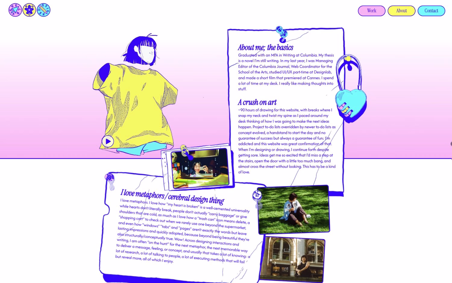 A colorful webpage design featuring hand-drawn illustrations, text in blue, and photos in a playful layout.