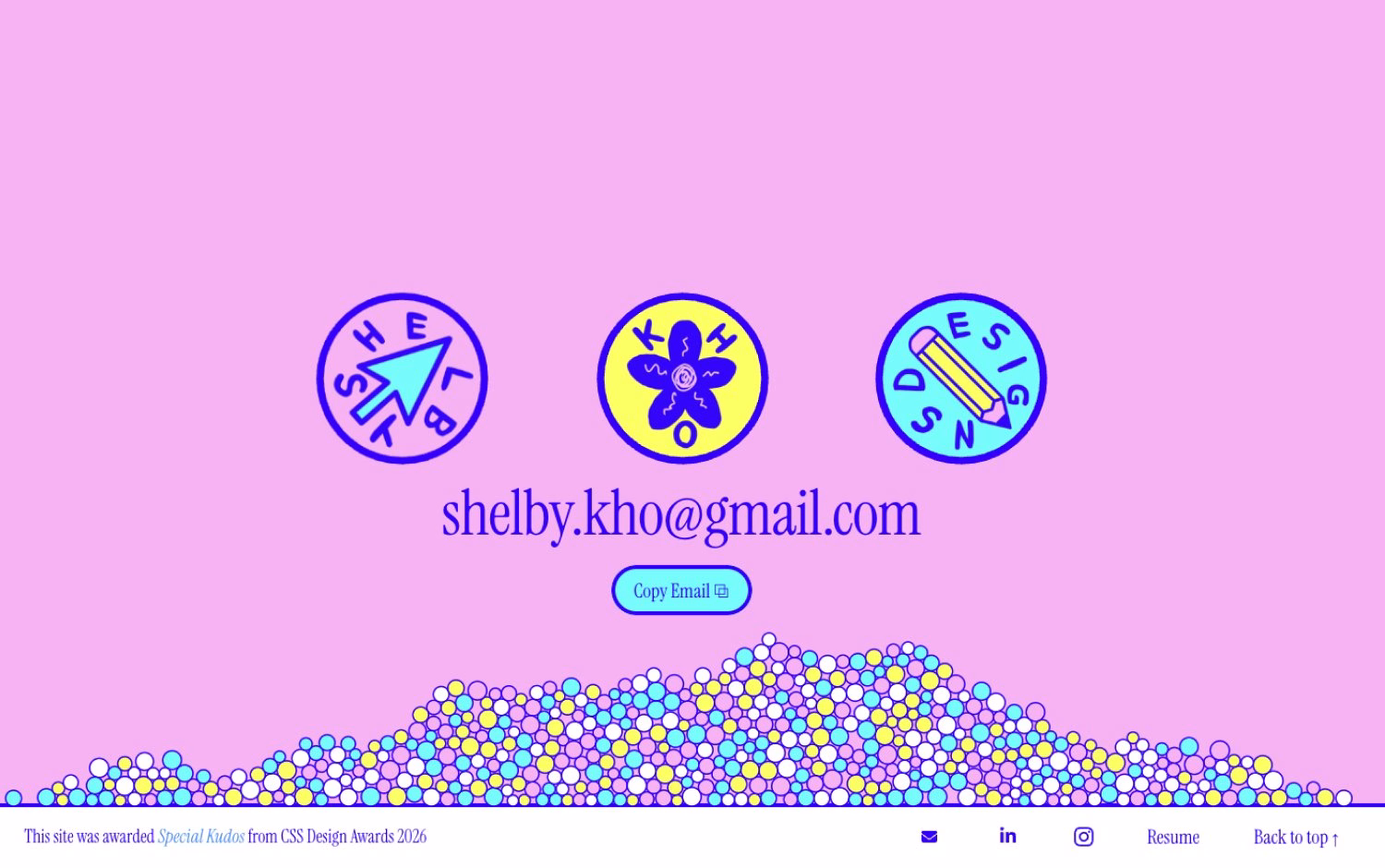 Shelby Kho's colorful web design features circular icons and playful typography against a vibrant pink background.