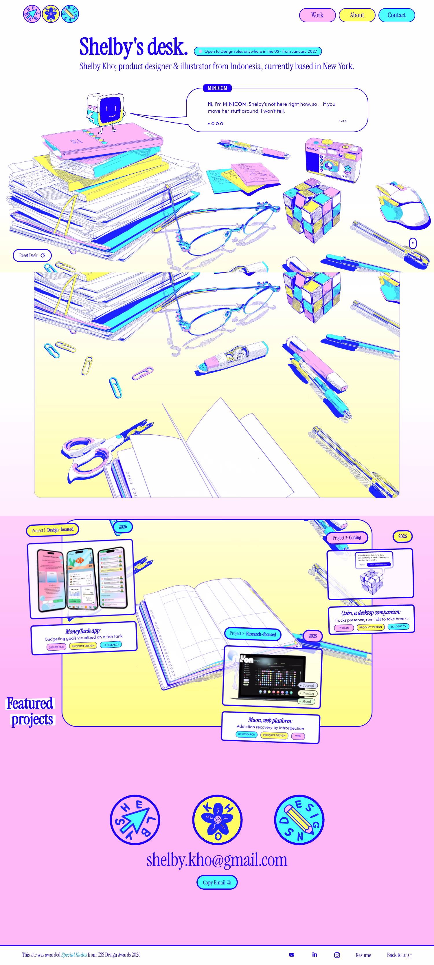 Shelby's Desk illustrated portfolio website full homepage by Shelby Kho