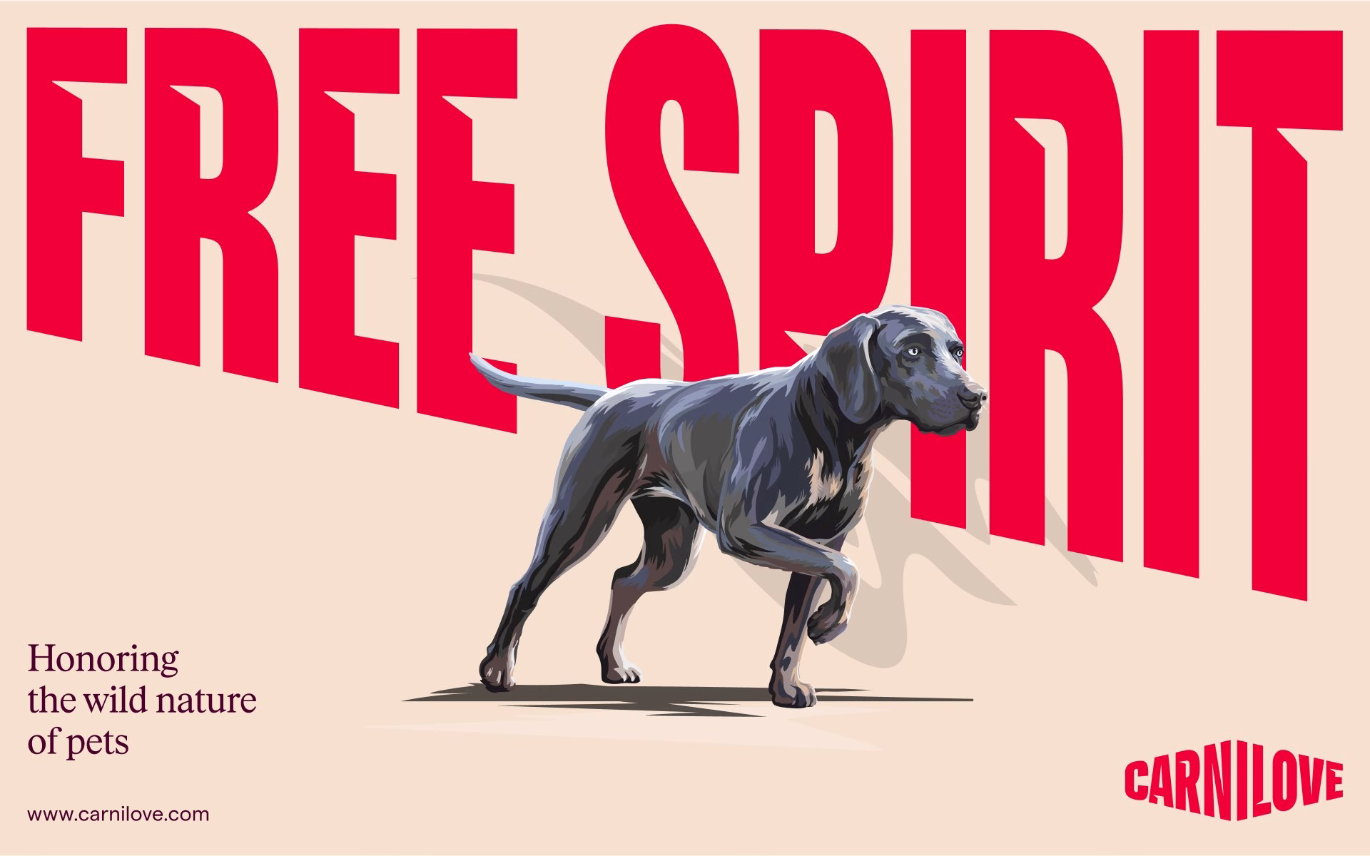 Promotional design for Carnilove featuring a black dog with the text "FREE SPIRIT" in bold red against a beige background.