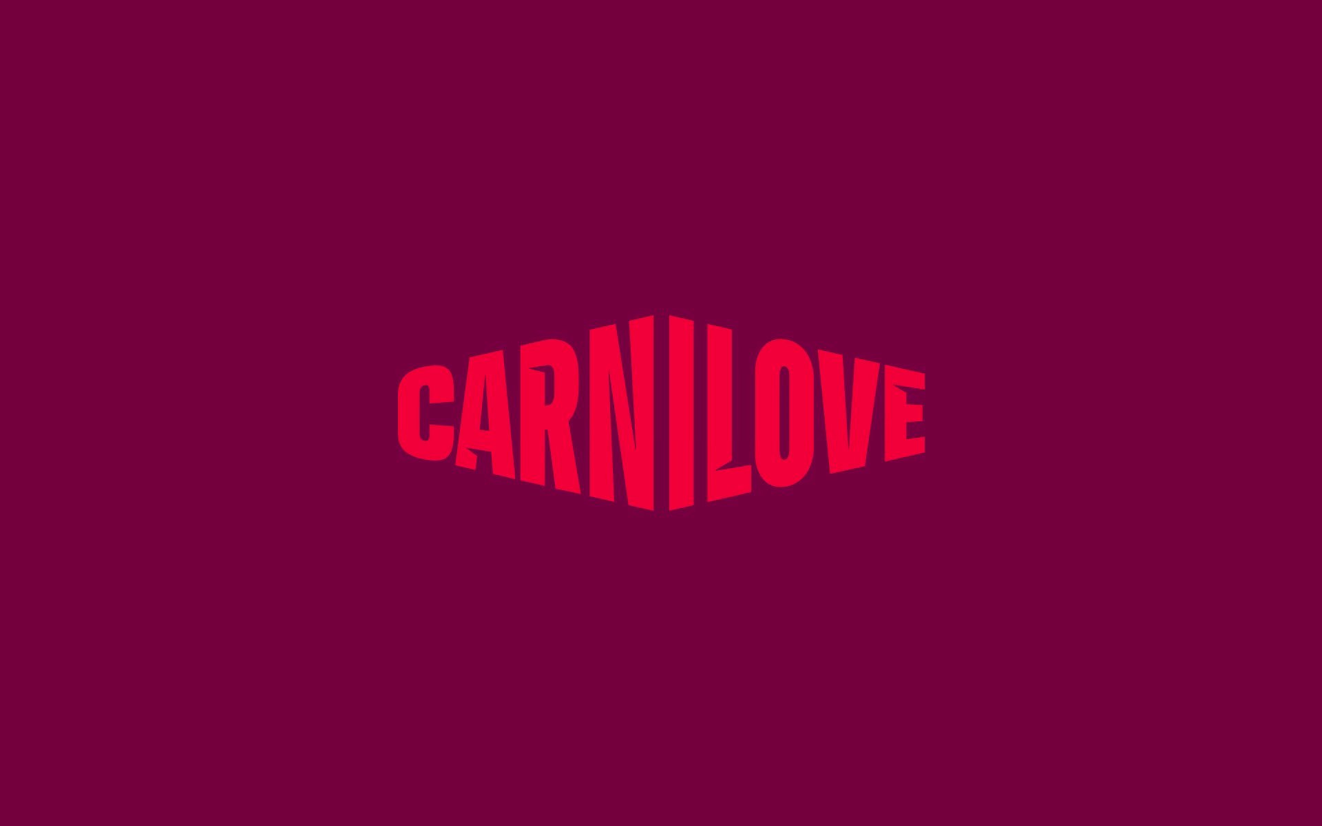 Bold red typography of the "CARNILOVE" logo against a deep maroon background, showcasing brand identity design.