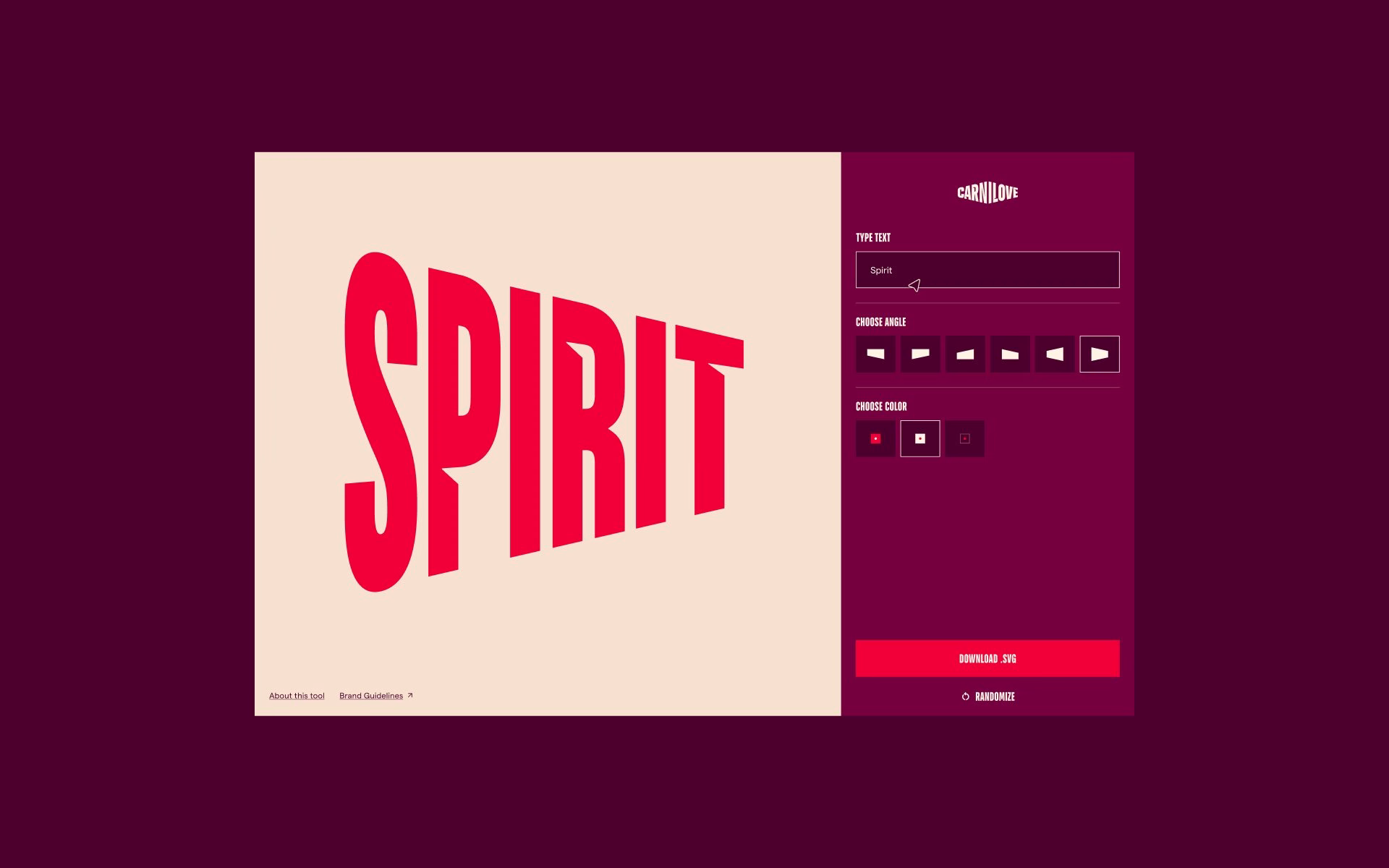 Carnilove's type tool interface shows bold red typography against a soft beige background with customizable options on the side.