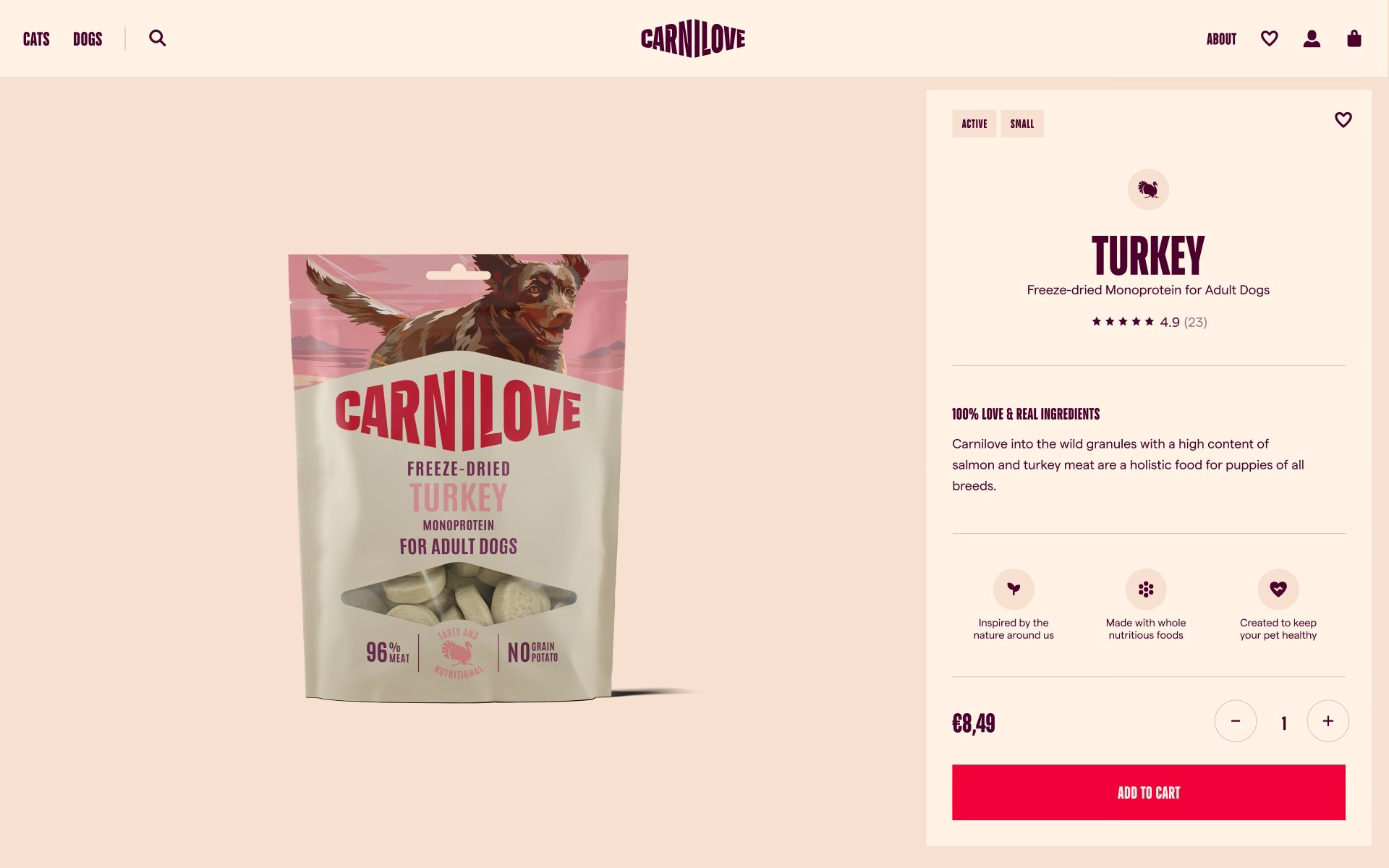 Carnilove freeze-dried turkey pet food packaging features bold red typography on a cream background.