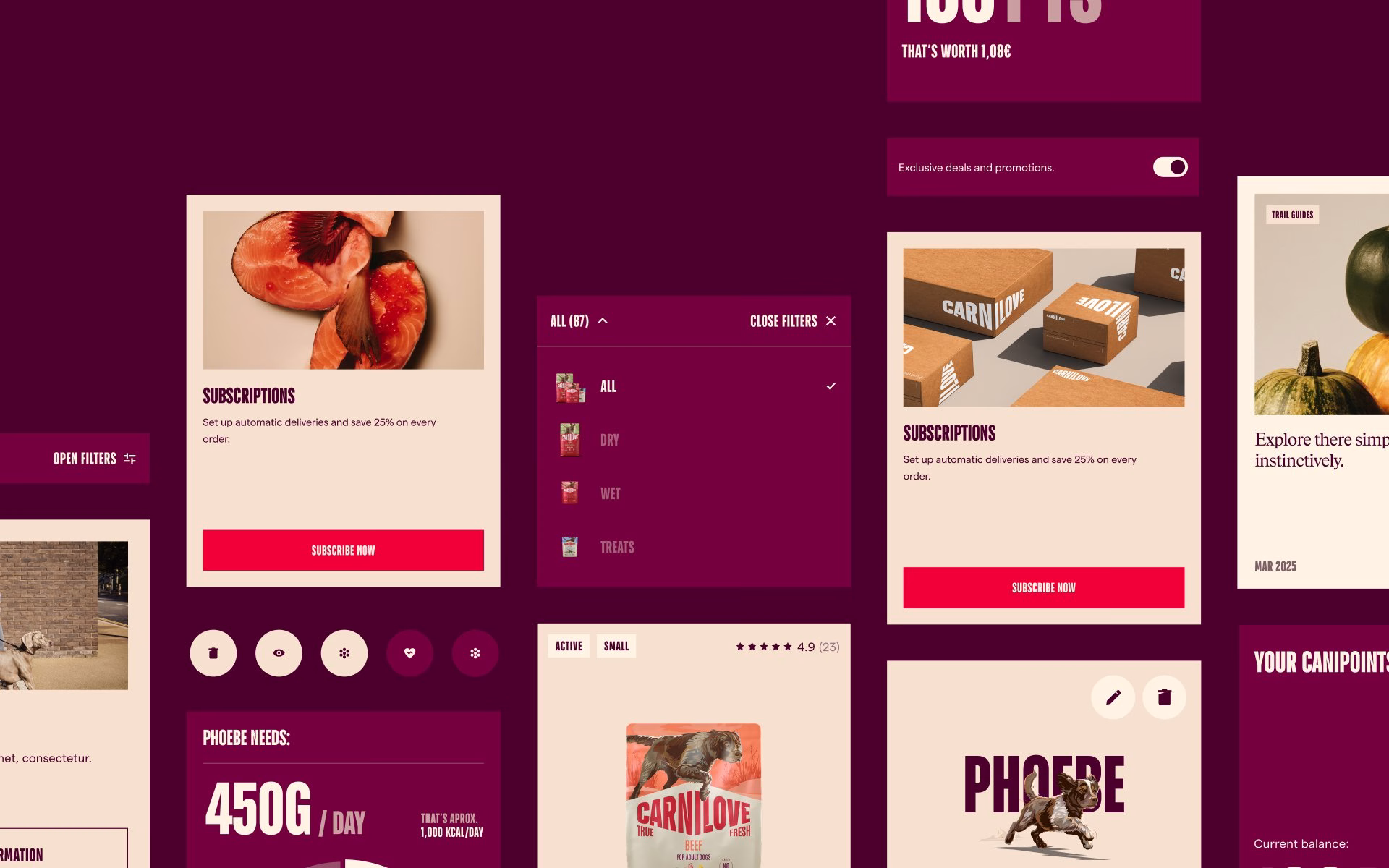A digital interface showcasing Carnilove's pet food subscriptions, featuring bold typography and a rich burgundy background.