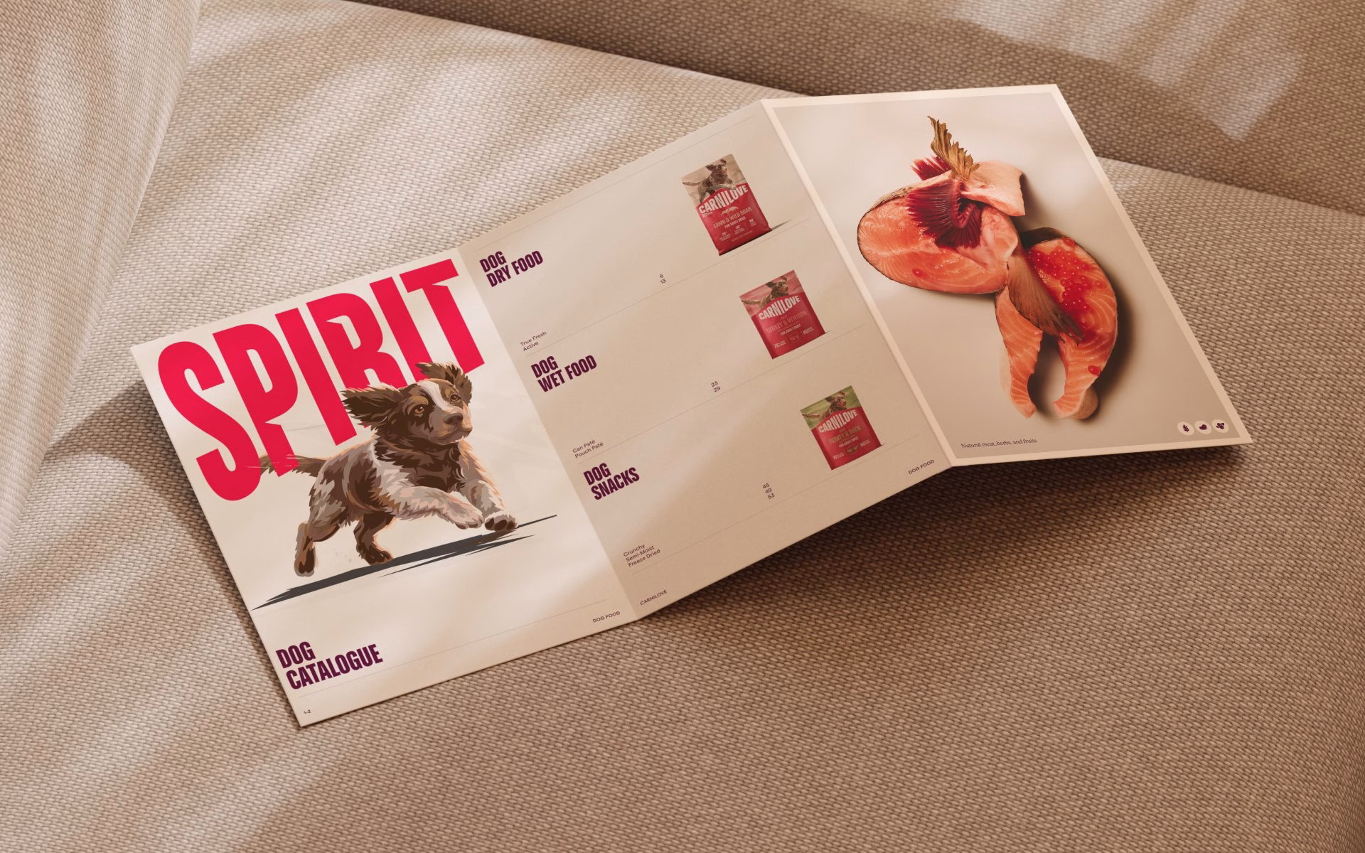 Carnilove's dog food catalogue features bold red typography and an illustration of a running dog on a textured background.