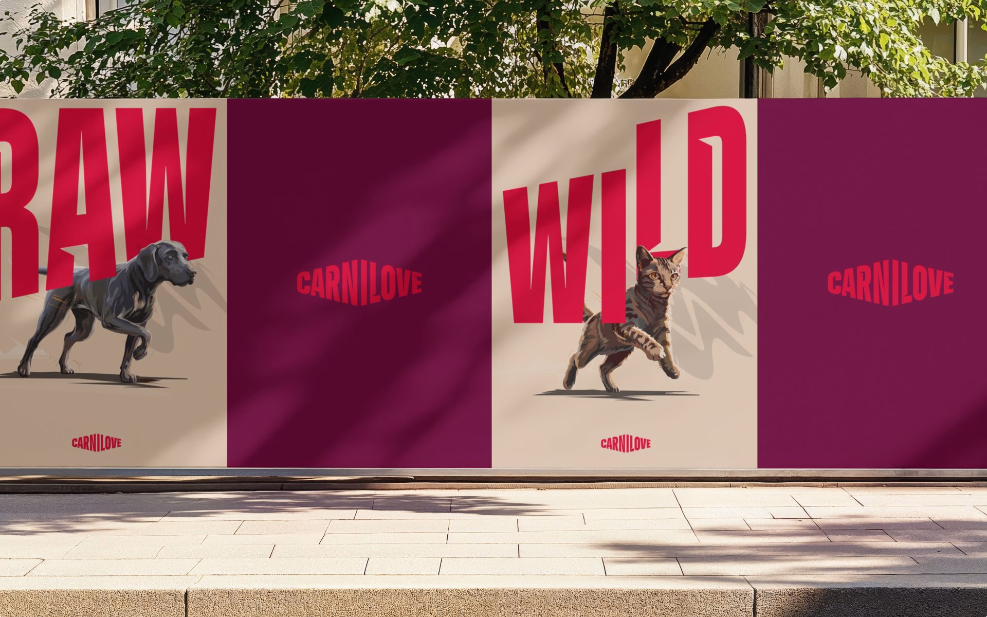 Carnilove's branding features bold red typography with illustrated pets on a textured background in a sleek urban setting.