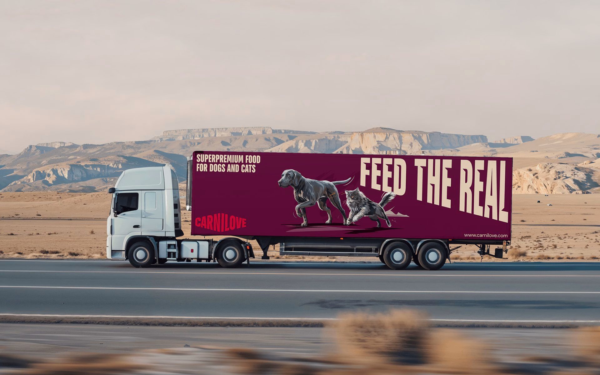 A truck featuring Carnilove branding with a burgundy background and illustrations of a dog and cat, promoting pet food.