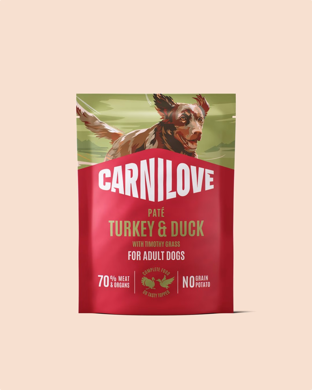 Red pet food pouch features "Carnilove" logo, illustrations of turkey and duck, and highlights on organic ingredients.