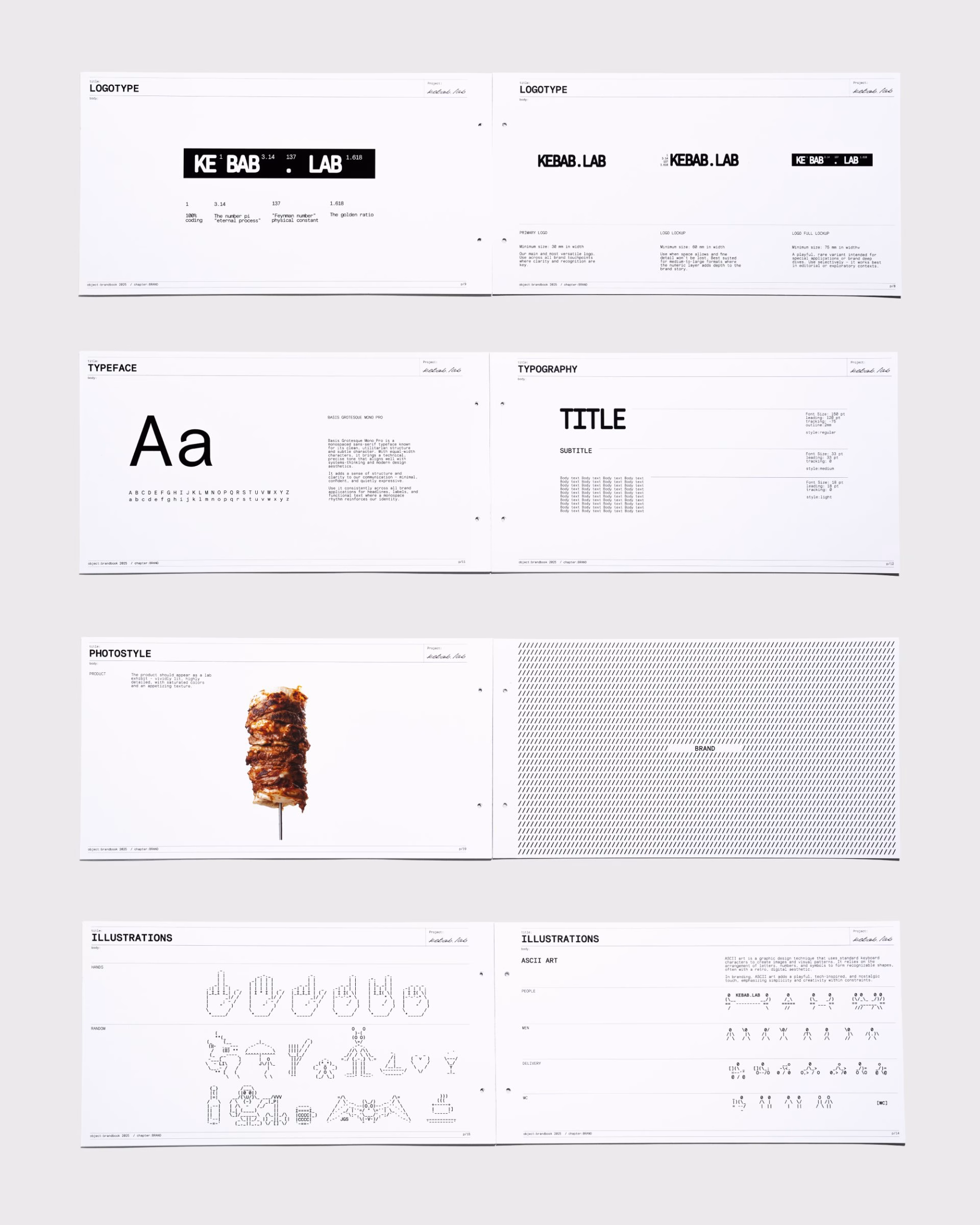 Brand identity and typography design for Kebab.Lab, featuring bold black logotypes and playful ASCII illustrations.