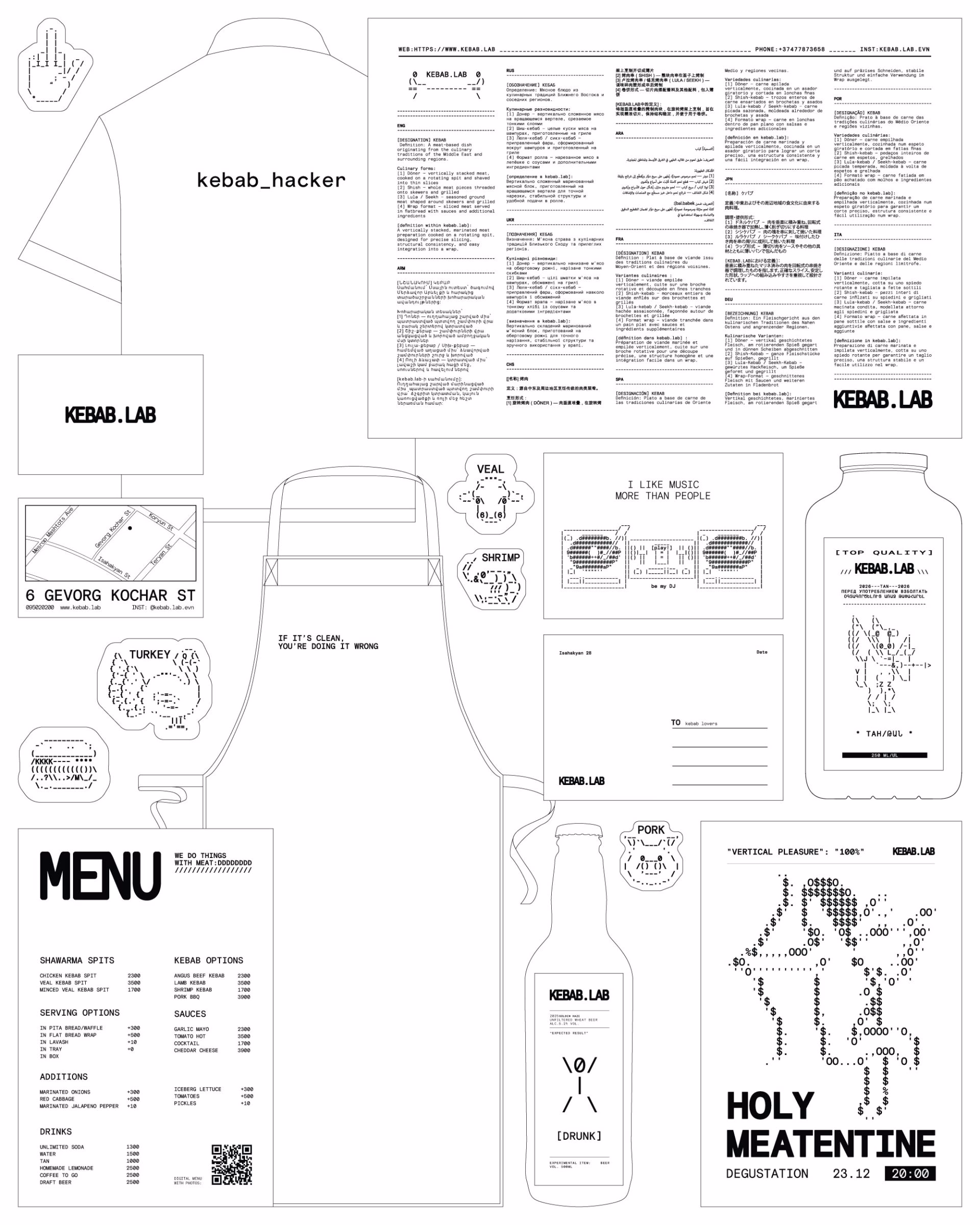 Stainless-steel branding materials and menu designs for Kebab.Lab featuring bold typography and monochrome graphics.