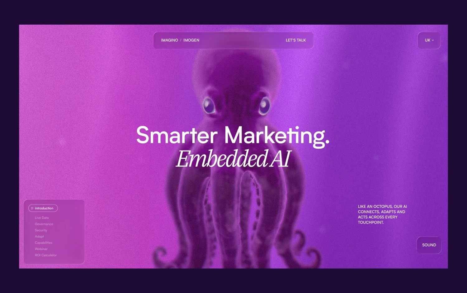A vibrant purple background features an octopus illustration alongside bold typography stating "Smarter Marketing. Embedded AI."