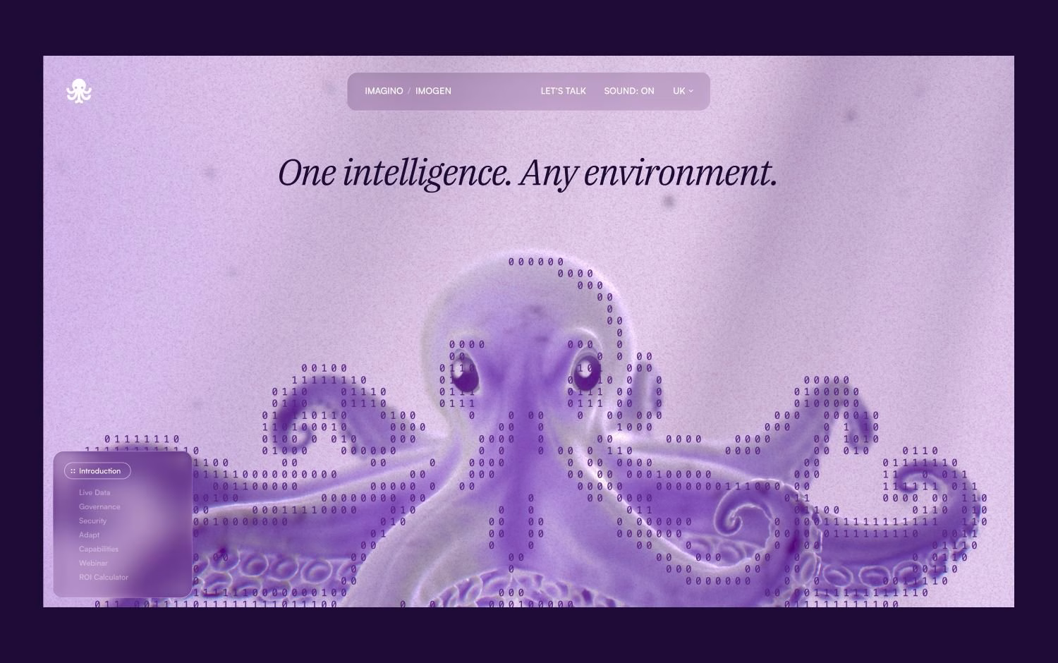 A digital interface featuring a stylized purple octopus with binary code, emphasizing the project Imogen: Agentic AI.