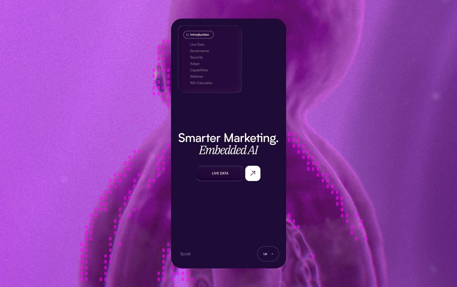 A dark interface displays white typography with "Smarter Marketing. Embedded AI." against a vibrant purple background.