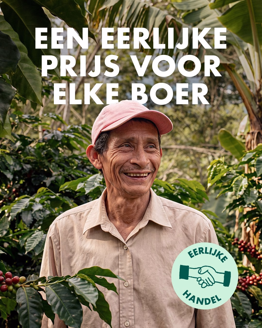 A man with a pink cap smiles amidst coffee plants, with a logo for fair trade visible in the corner.