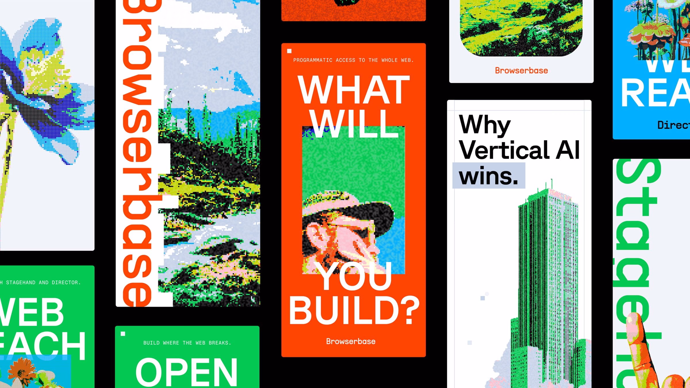 A vibrant collage of pixelated graphics and bold typography, showcasing diverse design concepts for Browserbase.