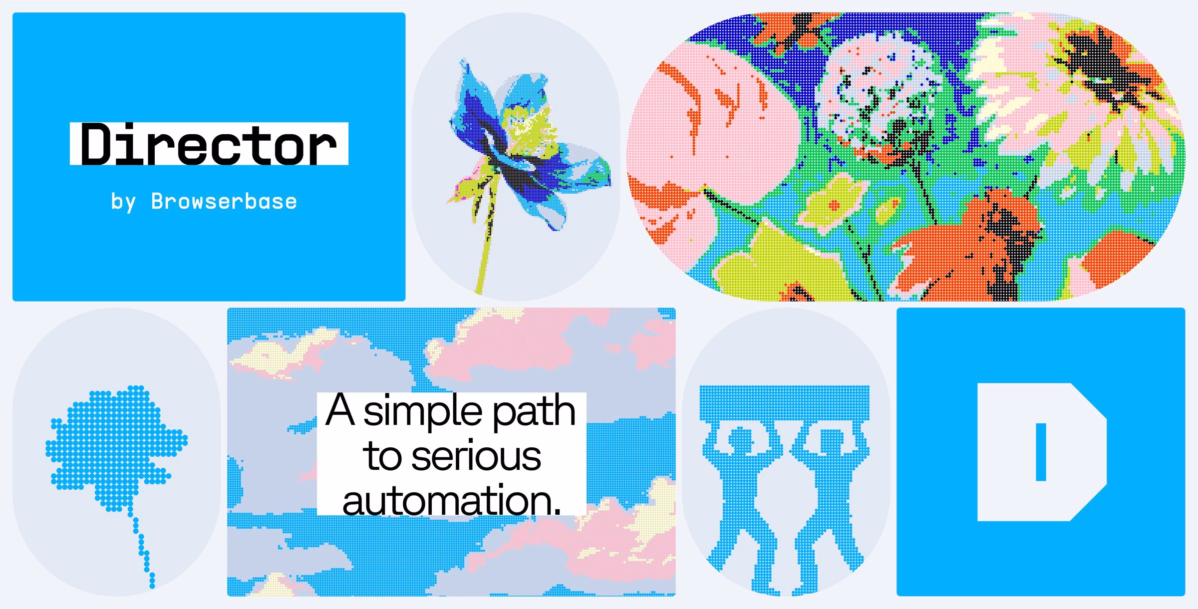 Bright visuals featuring diverse patterns, bold typography, and a vibrant color palette for Browserbase's "Director" project.