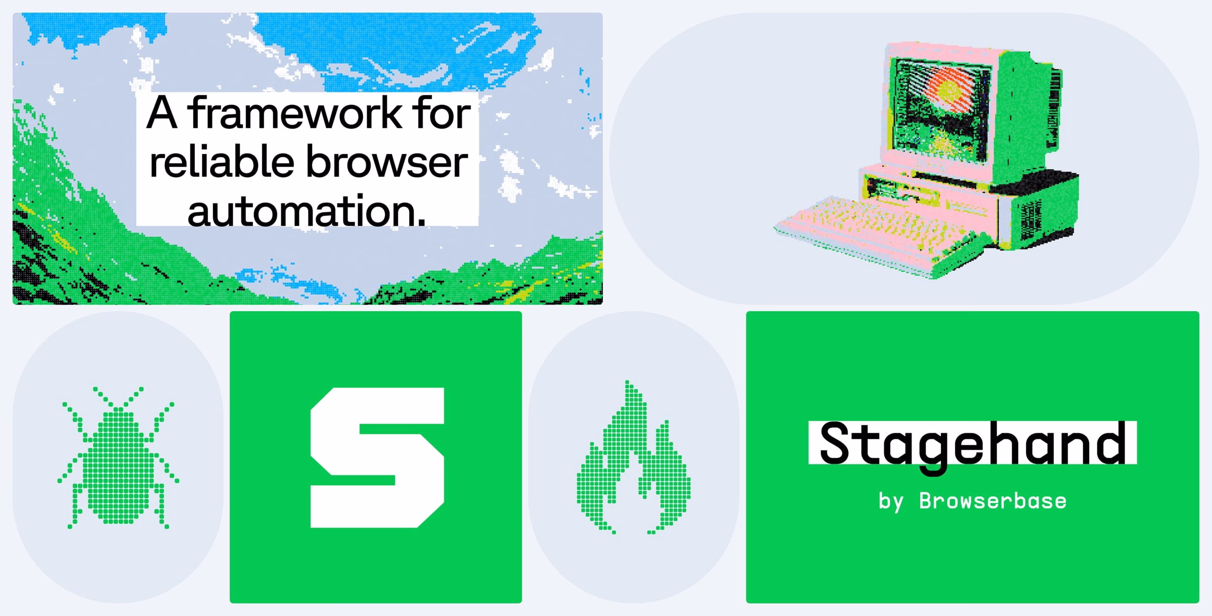 Colorful graphic displaying stylized text, icons, and a retro computer, highlighting brand identity and motion design elements.