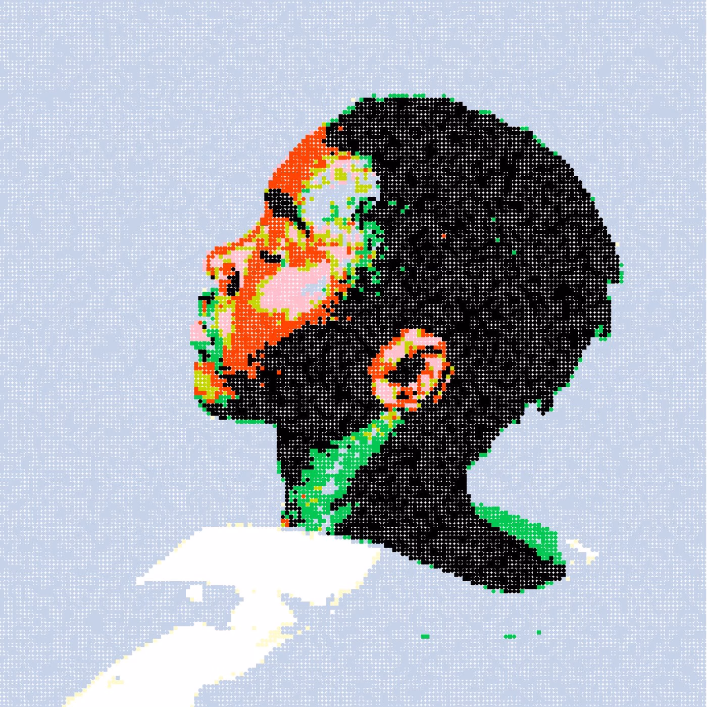 Colorful pixelated profile of a person against a soft blue background, showcasing innovative motion design and typography.